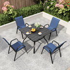 5-Piece Outdoor Patio Dining Set, Vintage Wood Grain Table with Umbrella Hole + 4 Ergonomic Stacking Chairs 350LB Capacity, Waterproof Textilene Fabric, for Garden Yard Balcony Patio Restaurant