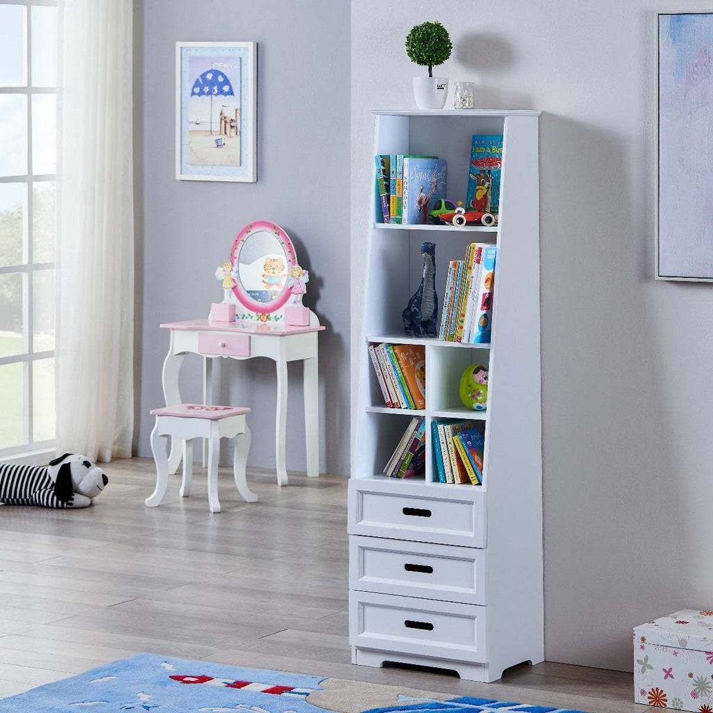 Kids Funnel White Bookcase Book Shelf Storage Unit with Book Display/Organizer Drawers - Classic White Color - Grand Goldman