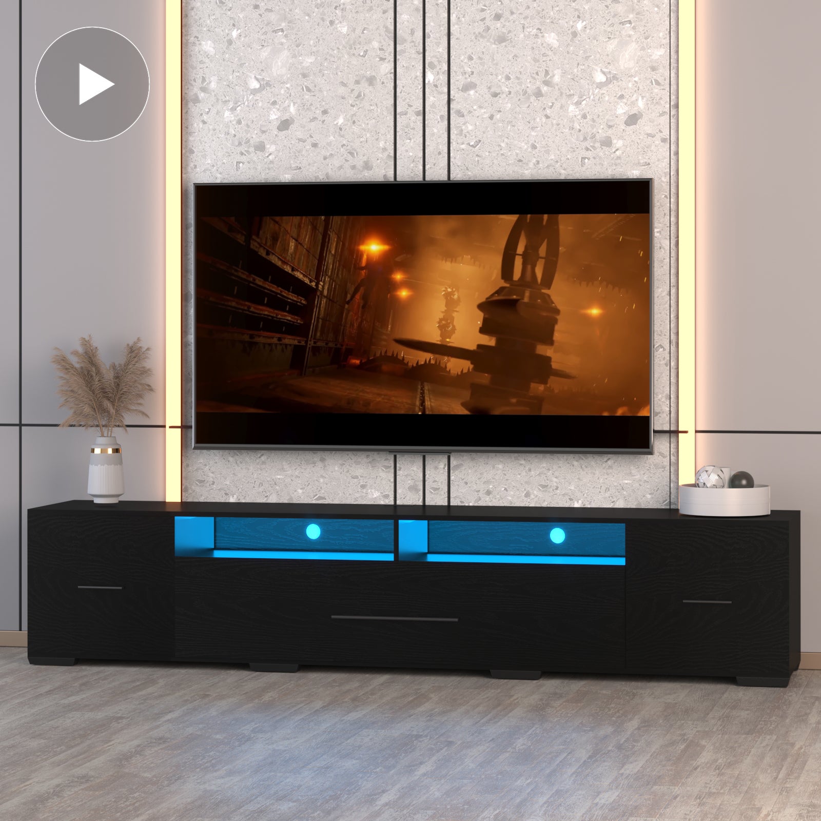 [Video] TV Console with Storage Cabinets, Remote, APP Control Long LED TV Stand, Full RGB Color Selection, 31 Modes Changing Lights Modern Entertainment Center with Power Cord (Black, for 80 inches) - Grand Goldman Shop