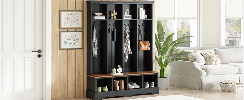 Farmhouse Hall Tree with 8 Hooks, Practical Entryway Bench with Open Compartments, 76.7'H Modern 3-in-1 Wooden Style Coat and Shoe Rack for Mudroom, Living Room, Black (OLD SKU: N721P292601B) - Grand Goldman Shop