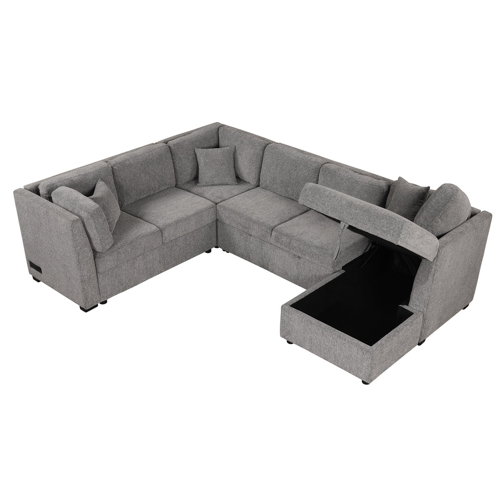 U-shaped Sectional Sofa Pull out Sofa Bed with USB Ports, Power Sockets, Storage Chaise, Light Gray Chenille, 108.6' - Grand Goldman Shop