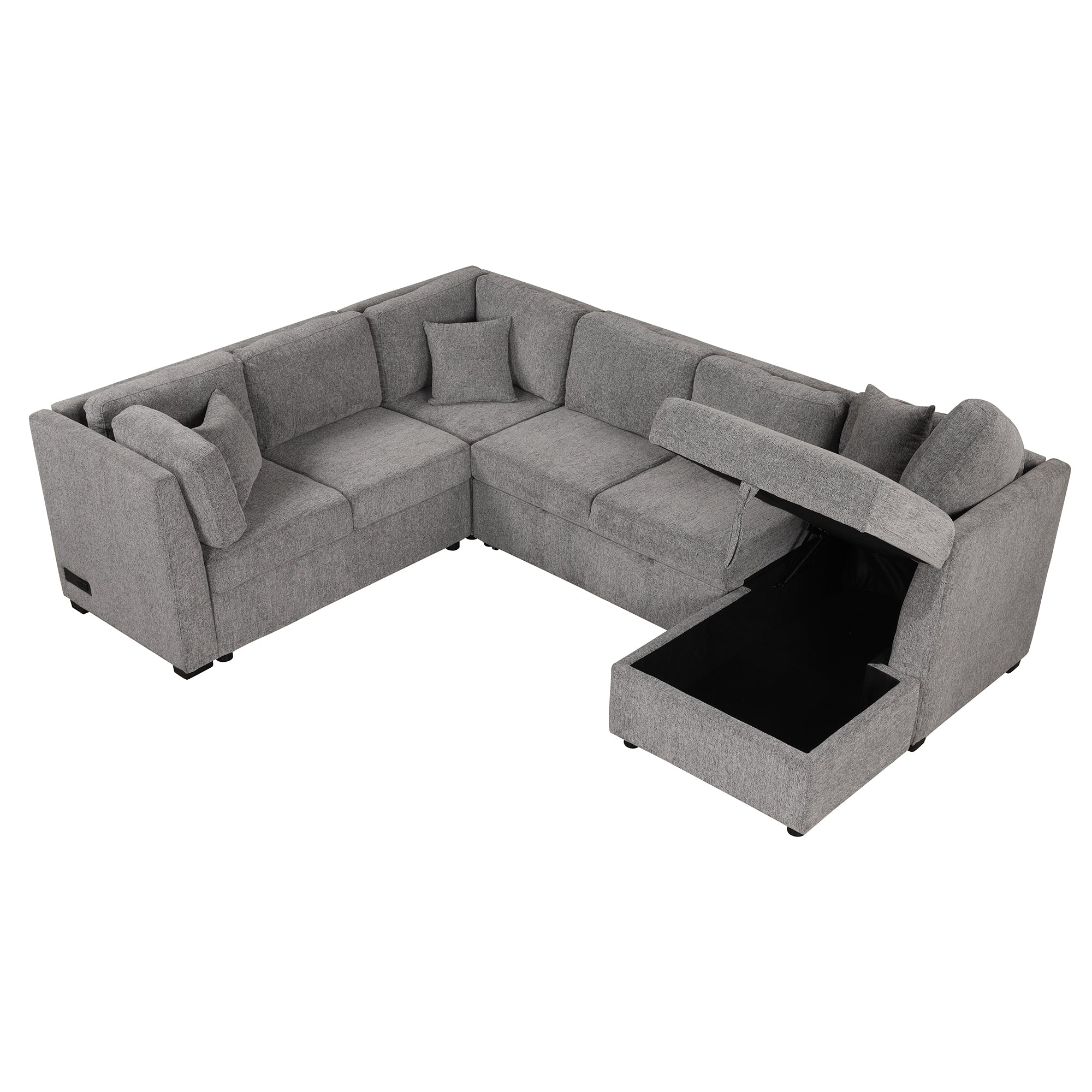 U-shaped Sectional Sofa Pull out Sofa Bed with USB Ports, Power Sockets, Storage Chaise, Light Gray Chenille, 108.6' - Grand Goldman Shop