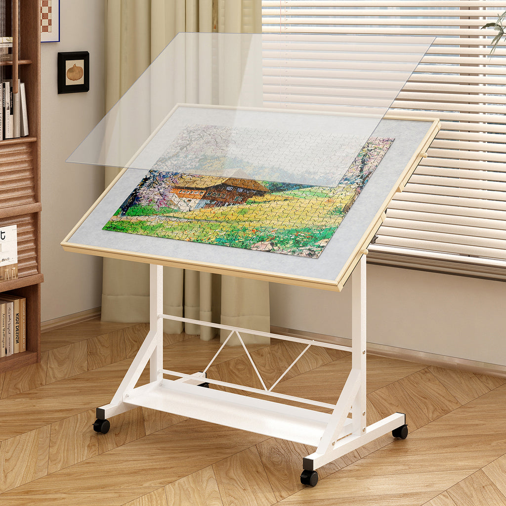 (WHITE) Wooden 1500 Piece Puzzle Table with Drawer, 35'*27.17' Adjustable Puzzle Table, 360° Tilting Puzzle Table with Legs a
