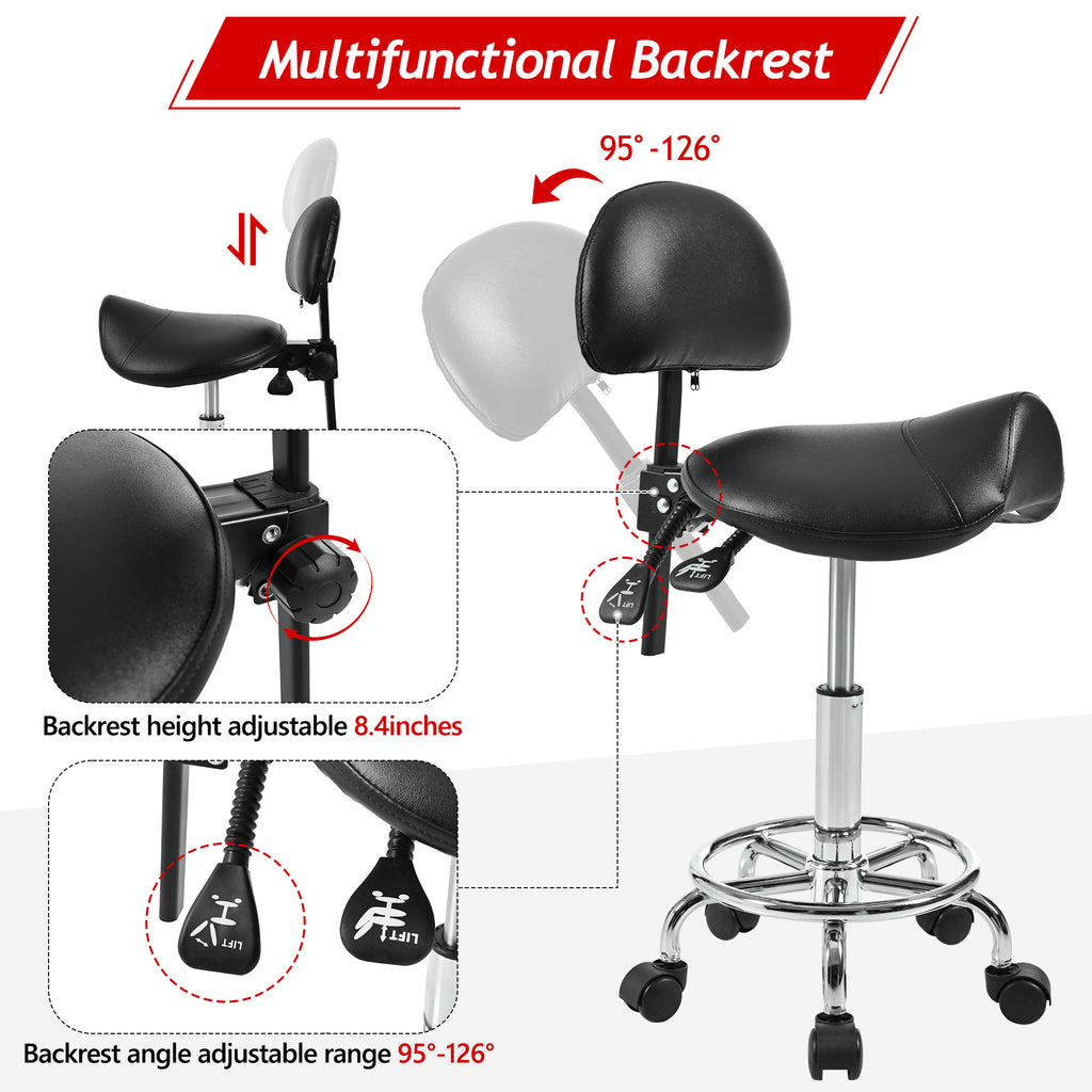Saddle Stool with Back Support, Rolling Stools with Foot Rest, Ergonomic Adjustable Stool with Wheels, Backrest Adjustable Height & Angle for Salon Spa Tattoo Massage Swivel Stool Chair.(N753P243053B) - Grand Goldman Shop