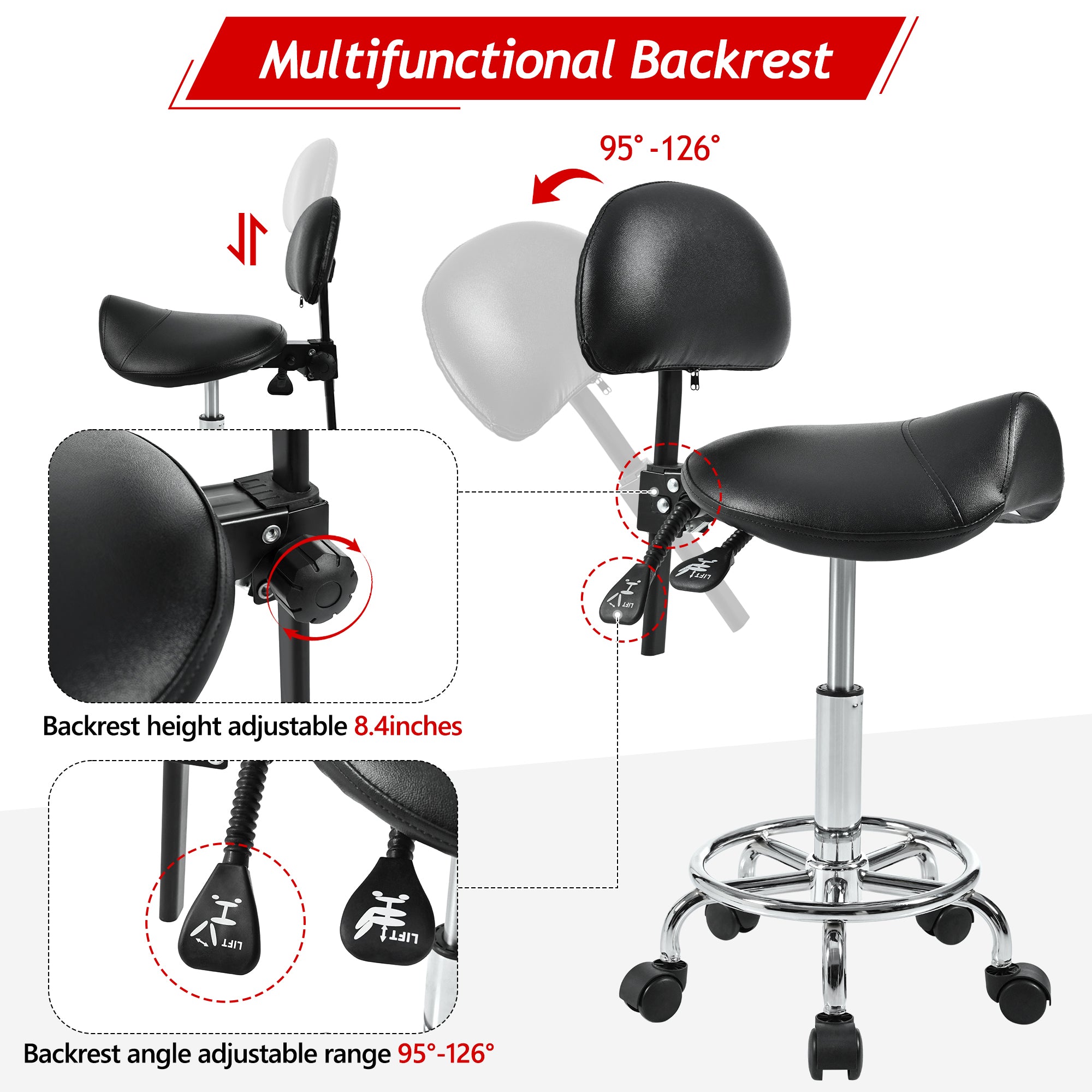 Saddle Stool with Back Support, Rolling Stools with Foot Rest, Ergonomic Adjustable Stool with Wheels, Backrest Adjustable Height & Angle for Salon Spa Tattoo Massage Swivel Stool Chair.(N753P243053B) - Grand Goldman Shop