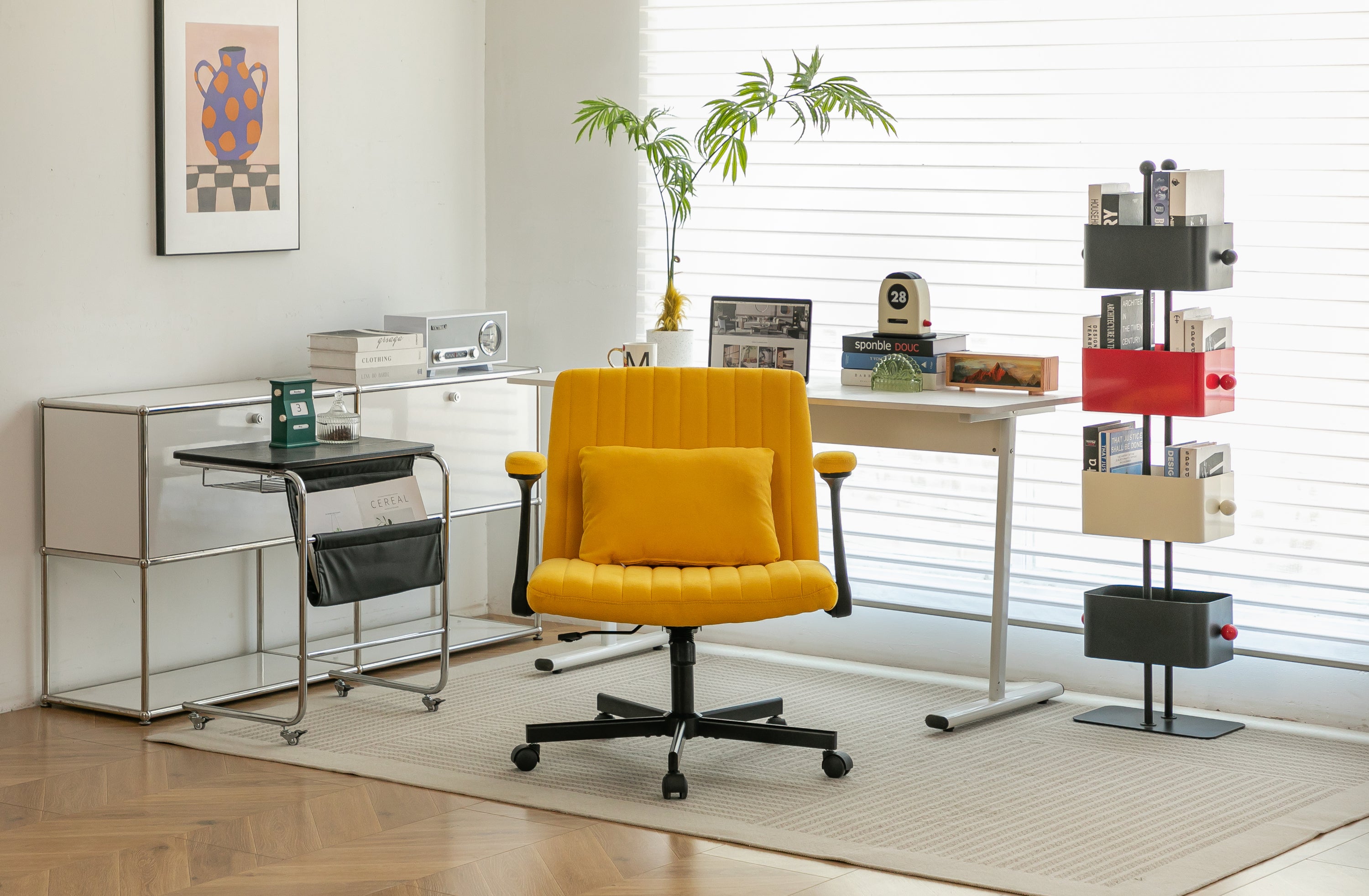 Modern Yellow Linen Criss Cross Armrest Office Chair with Wheels - Ergonomic Design for Home Office, Work & Study - Grand Gol
