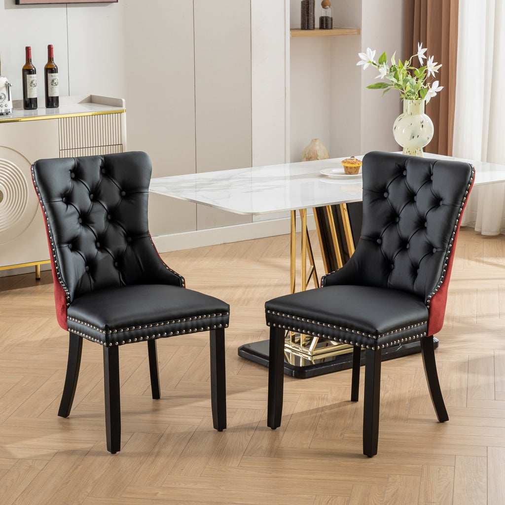 A&A Furniture, Nikki Collection Modern, High-end Tufted Solid Wood Contemporary PU and Velvet Upholstered Dining Chair with Wood Legs Nailhead Trim  2-Pcs Set, Black+WineRed, Burgundy,SW2101BW - Grand Goldman Shop