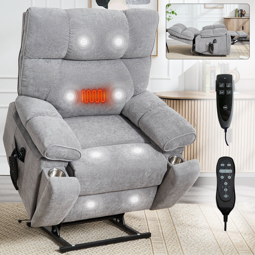 Grey Heat Massage Dual Motor Infinite Position Up to 350 LBS Large Electric Power Lift Recliners with Hidden Cup Holders, Power-Remote, Medium-firm and Heavy Duty - Grand Goldman Shop