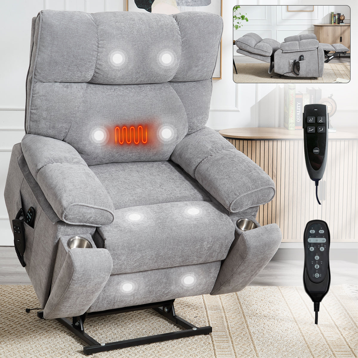 Grey Heat Massage Dual Motor Infinite Position Up to 350 LBS Large Electric Power Lift Recliners with Hidden Cup Holders, Power-Remote, Medium-firm and Heavy Duty - Grand Goldman Shop