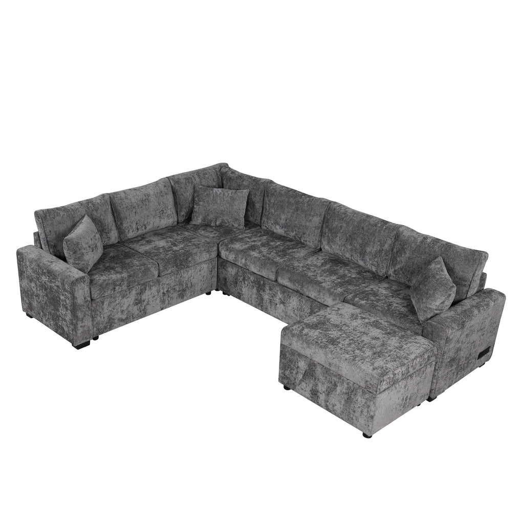 Modern Sectional Sofa Pull-out Sleeper with Storage Ottoman, USB Charging, Grey Tweed Chenille, 112.2' - Grand Goldman Shop