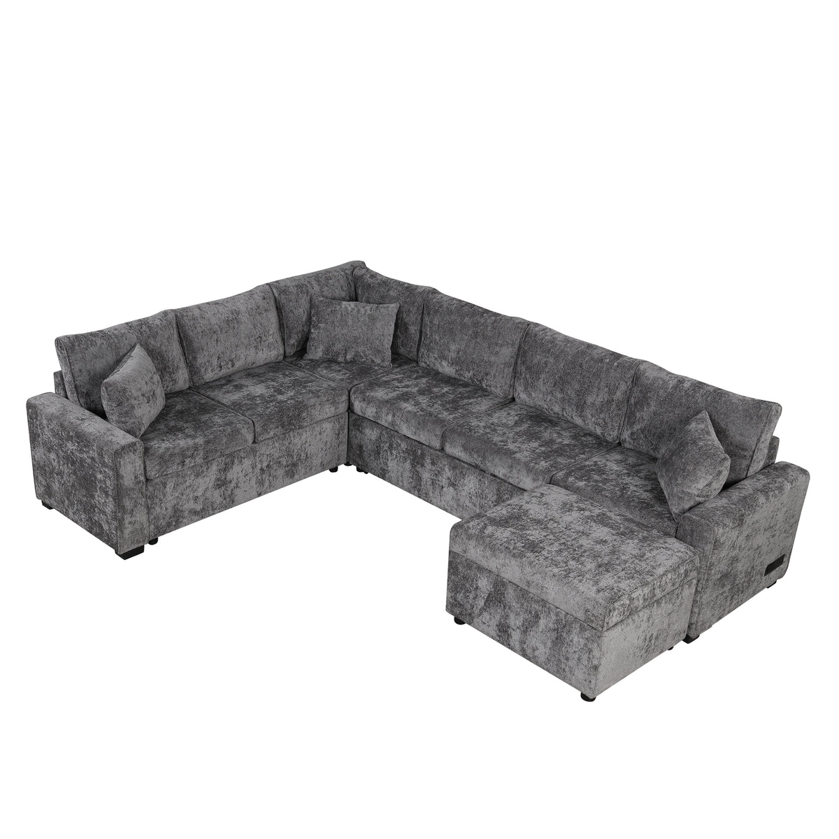Modern Sectional Sofa Pull-out Sleeper with Storage Ottoman, USB Charging, Grey Tweed Chenille, 112.2' - Grand Goldman Shop