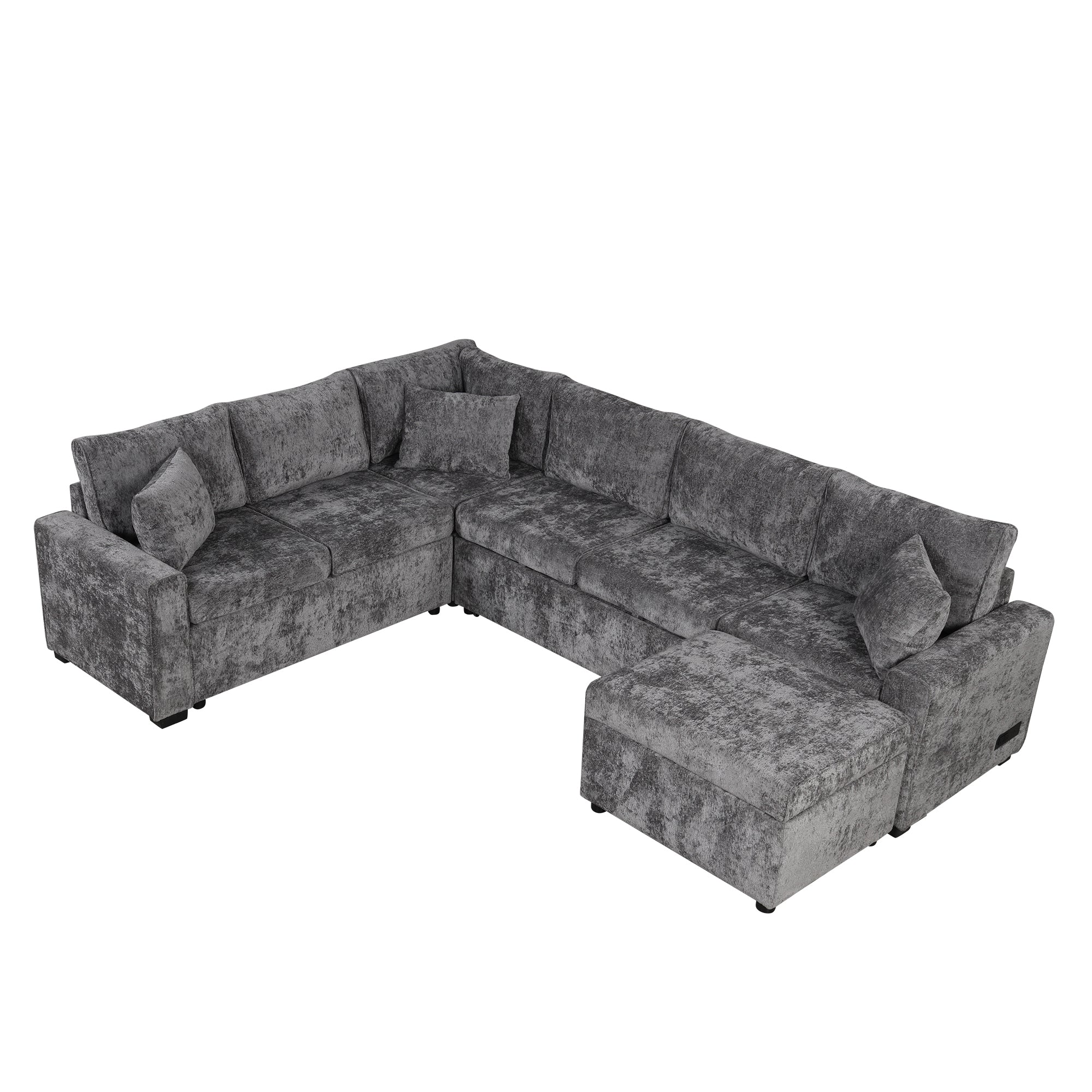 Modern Sectional Sofa Pull-out Sleeper with Storage Ottoman, USB Charging, Grey Tweed Chenille, 112.2' - Grand Goldman Shop