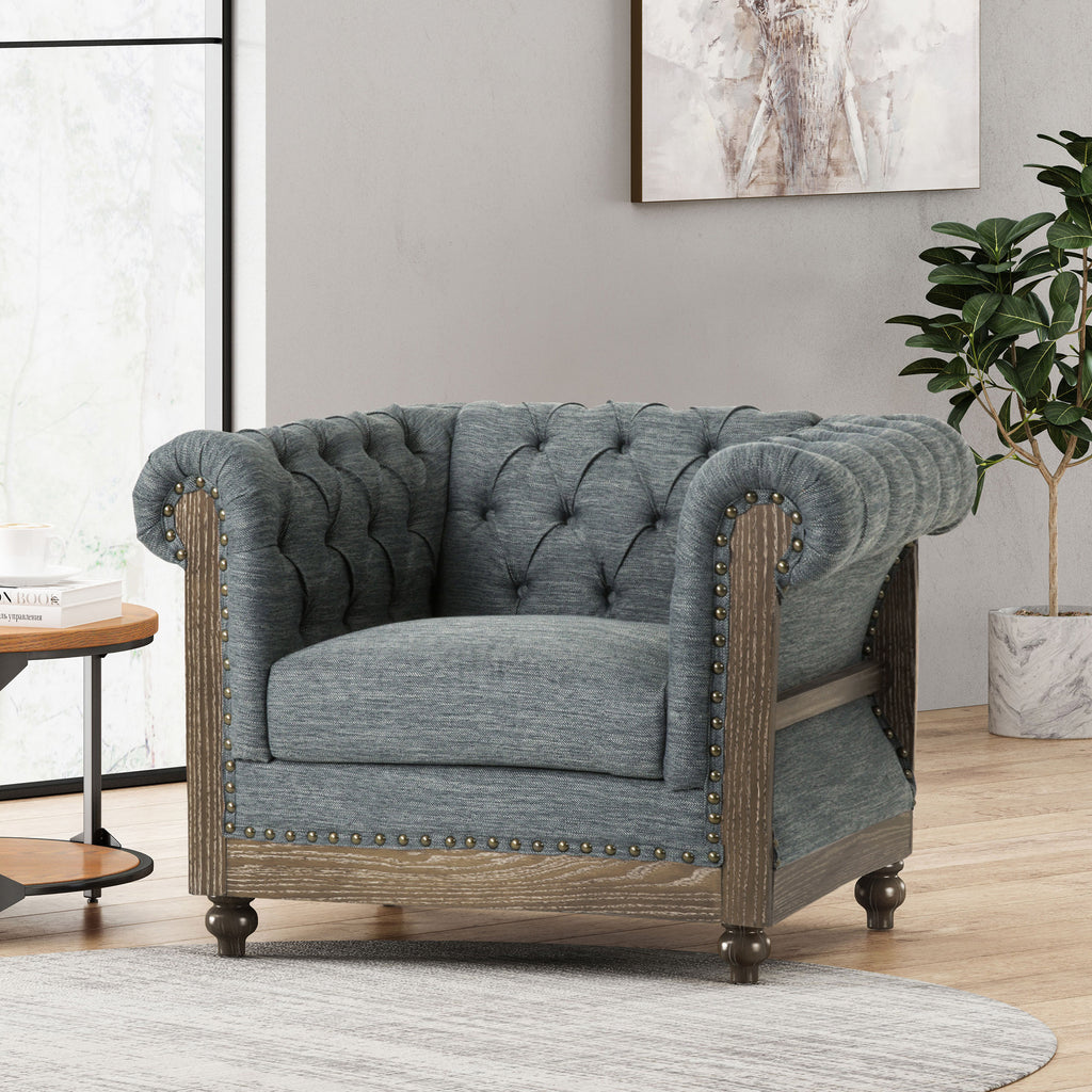 Fabric Upholstered Club Chair with Scrolled Tuxedo Arms, Charcoal - Grand Goldman Shop
