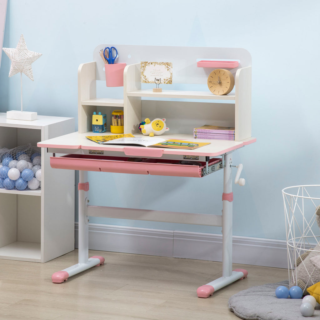 Wooden Kids Study Desk, Height Adjustable Children School Study Table, Student Writing Desk with Tilt Desktop, Drawer, Storag