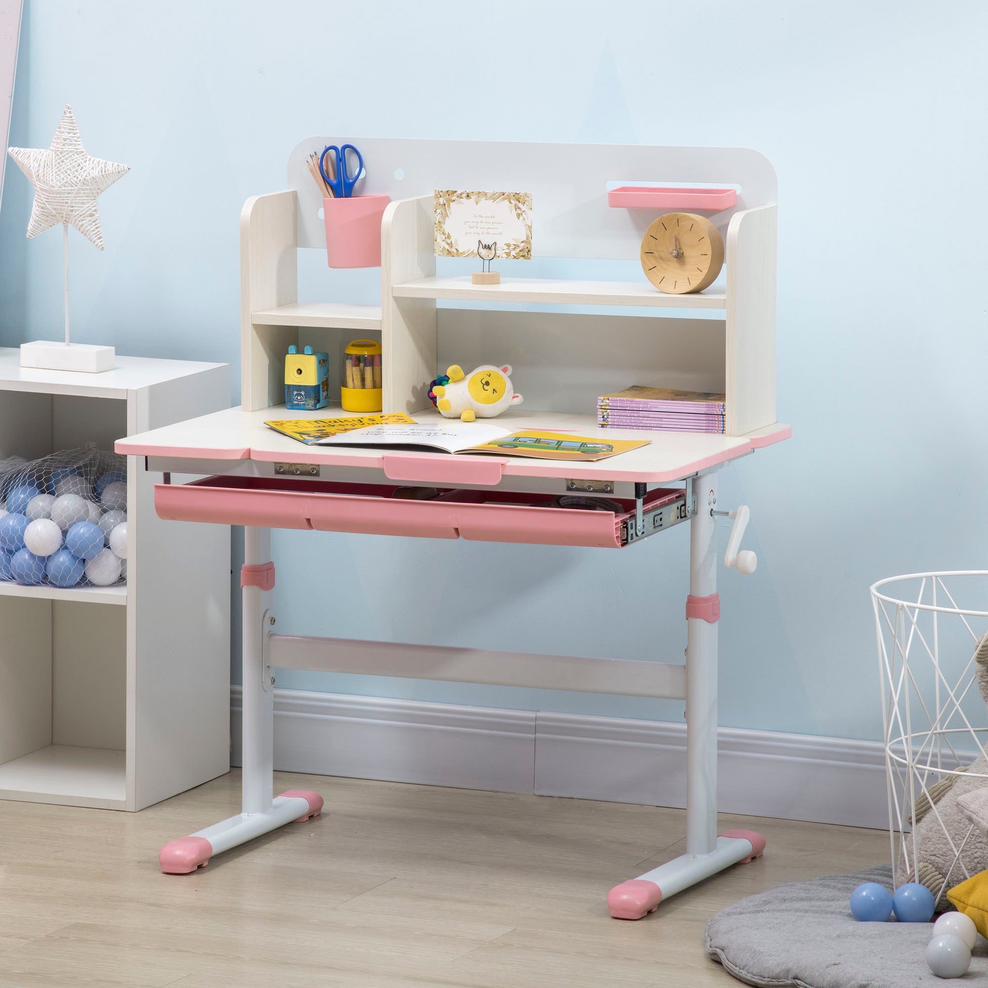 Wooden Kids Study Desk, Height Adjustable Children School Study Table, Student Writing Desk with Tilt Desktop, Drawer, Storag