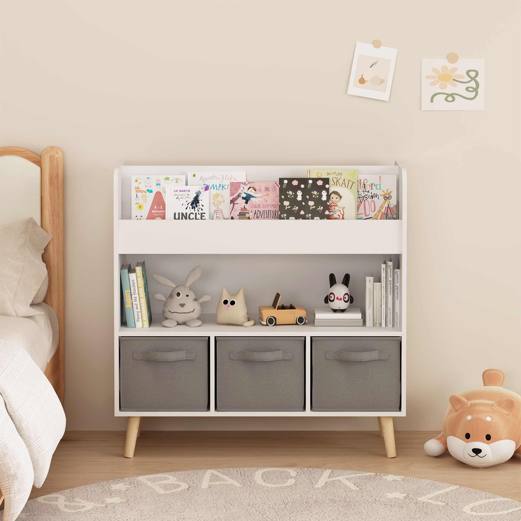 Kids Bookshelf with 3 Fabric Bins, Modern Children's Bookcase with Storage for Toys and Books, Toddler Book Organizer Shelf f