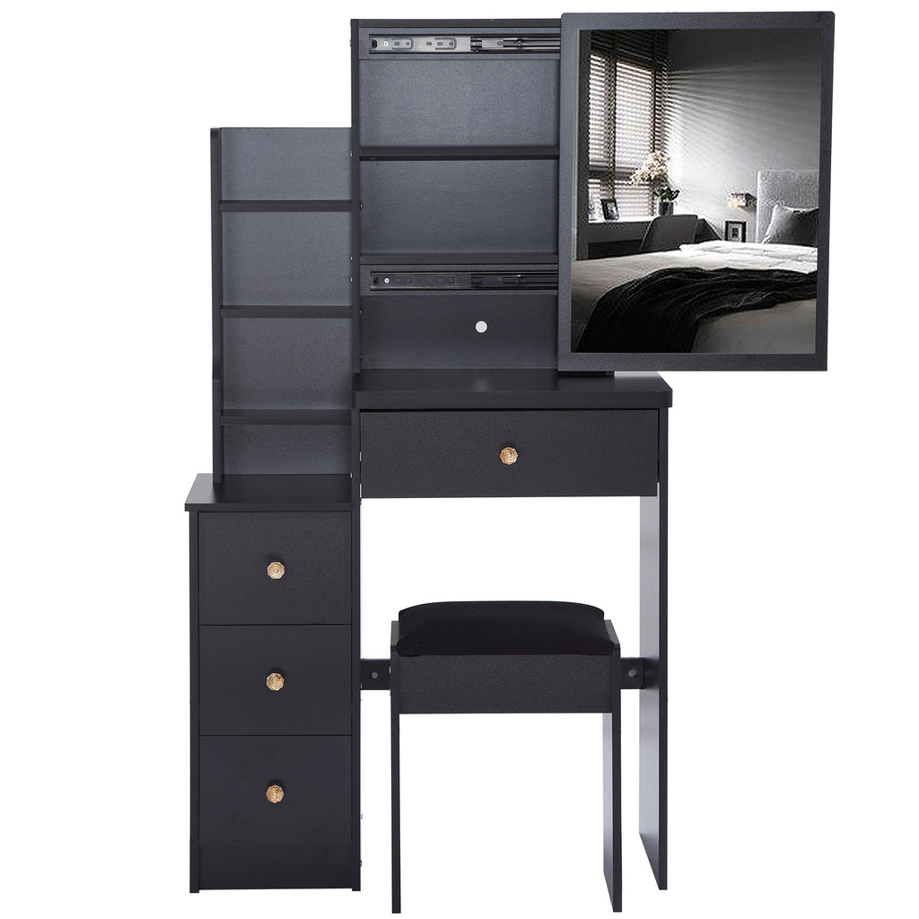 29.2' Small Space Left Bedside Cabinet Vanity Table + Cushioned Stool, Extra Large Right sliding mirror, Multi Layer High Capacity Storage, Practical Fashionable Dresser, Suitable For Small Space - Grand Goldman Shop