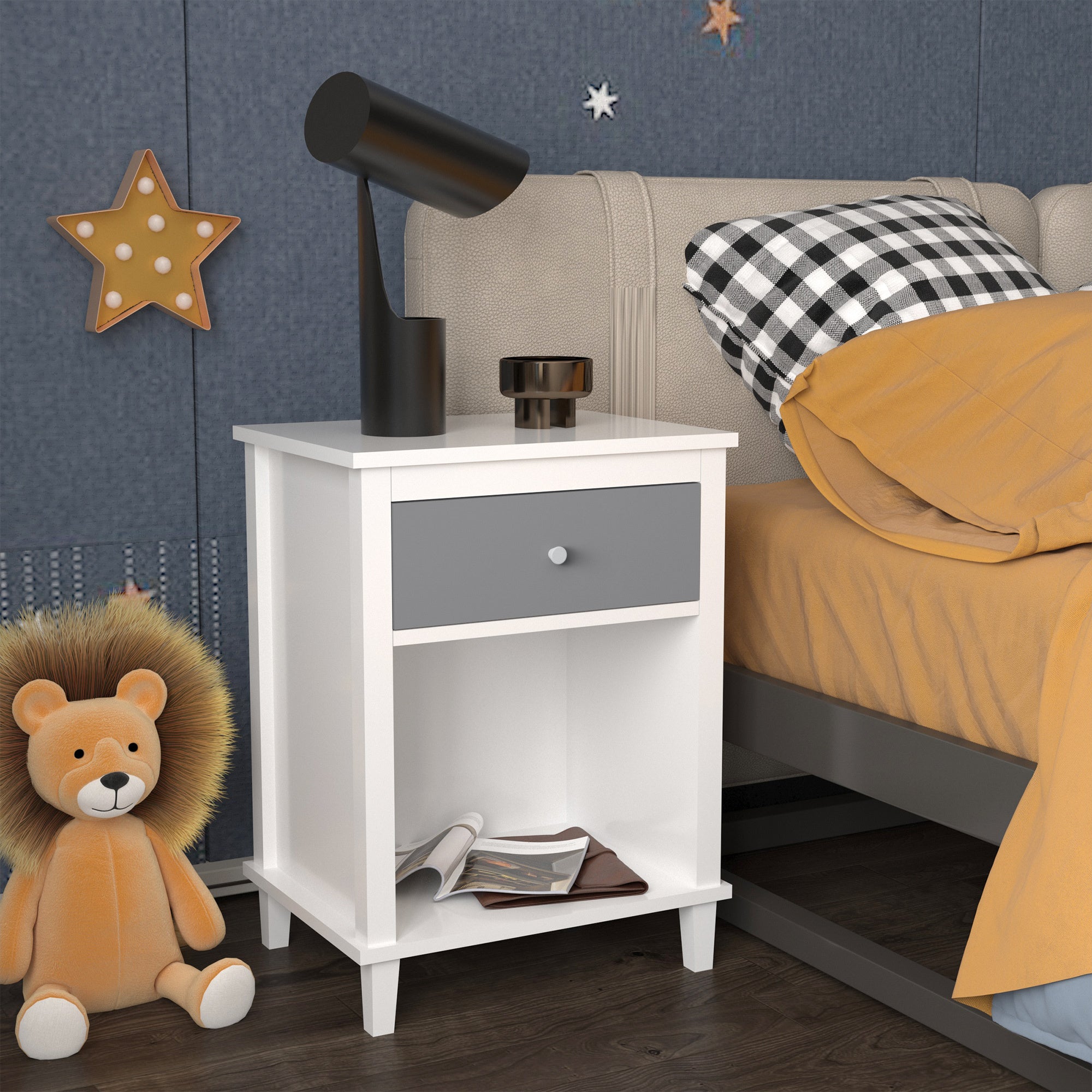 Gray+Silver Handle Wooden Nightstand 26.77''H with One Drawer One Shelf for Kids and Adults, White+Gray Finish MDF - Grand Goldman Shop