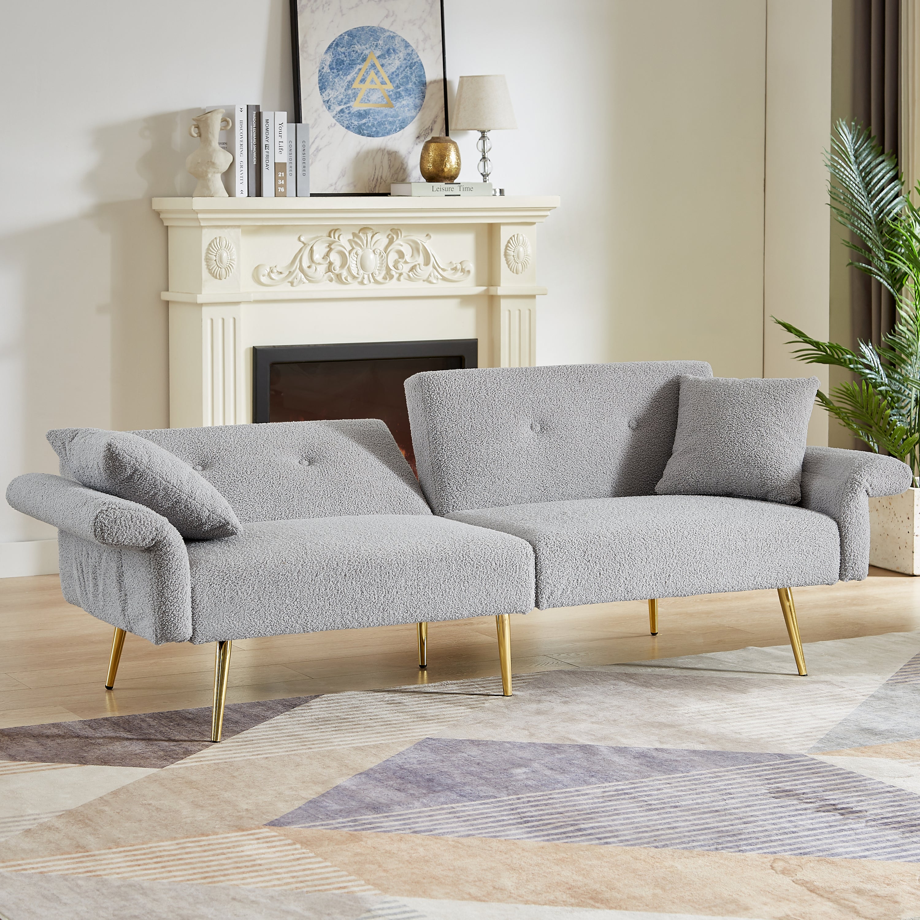 Modern Teddy Upholstered Accent Loveseat Sofa With Side Pocket,Folding Sleeper Sofa Bed With Foldable Armrest , Adjustable Backrest and Golden Metal Legs for Living Room,Grey - Grand Goldman Shop