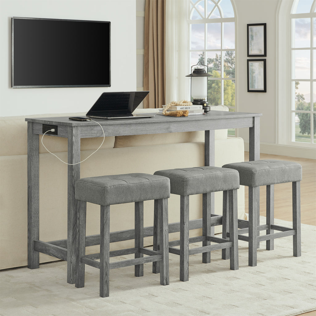 59 Inch Bar Table, Dining Table, Sofa Table with Power Outlet, 3 Upholstered Stools, 4 Piece Bar Table and Chair Set for Living Room, Dining Room, Kitchen - Grand Goldman Shop