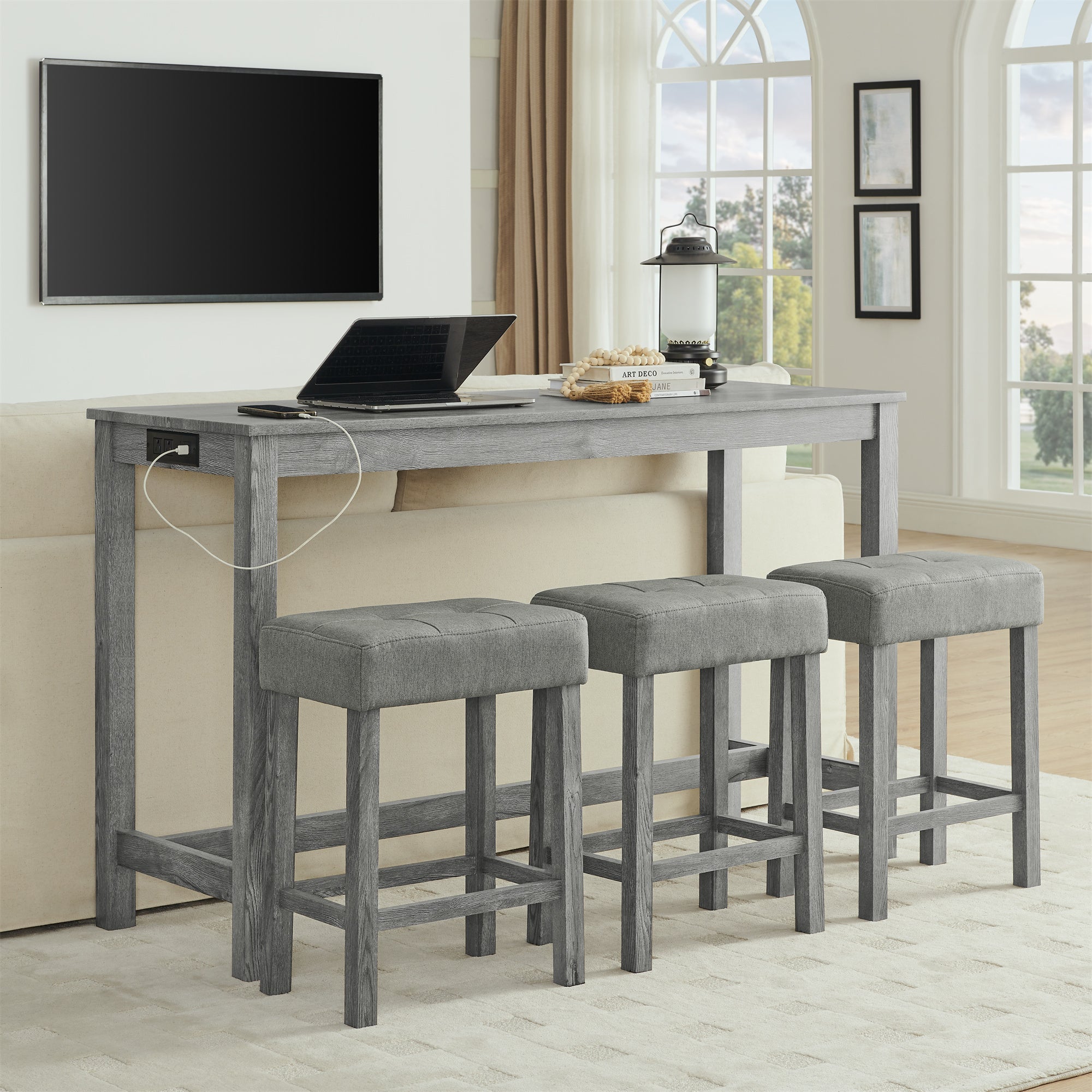 59 Inch Bar Table, Dining Table, Sofa Table with Power Outlet, 3 Upholstered Stools, 4 Piece Bar Table and Chair Set for Living Room, Dining Room, Kitchen - Grand Goldman Shop