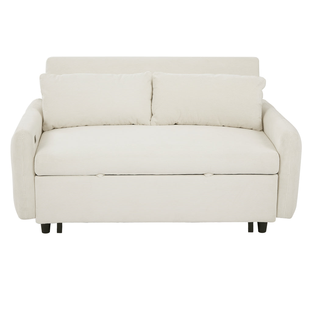 Modern Convertible Pull-out Sofa Bed with USB Ports and Pillows, Beige Corduroy, 57.48 inches - Grand Goldman Shop
