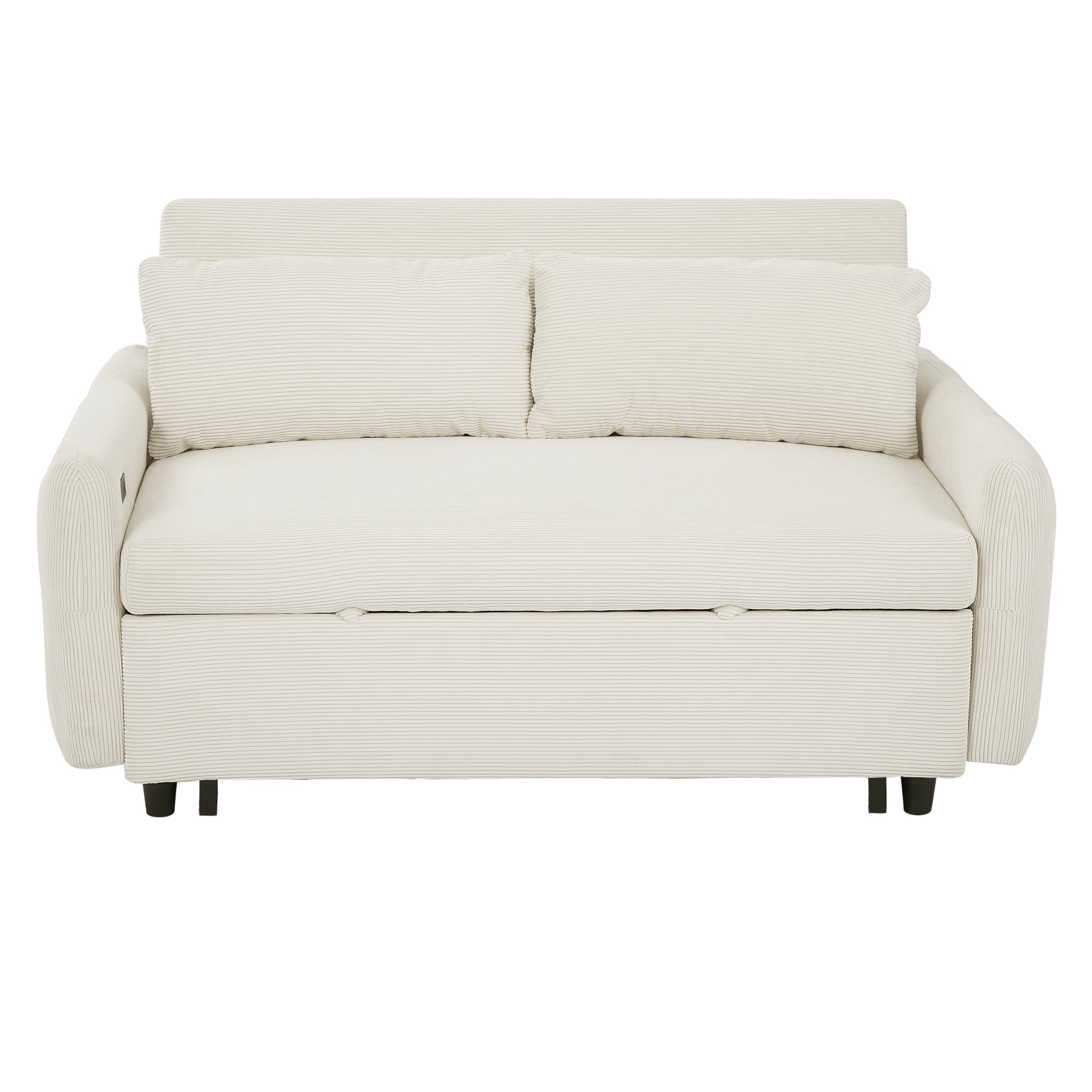 Modern Convertible Pull-out Sofa Bed with USB Ports and Pillows, Beige Corduroy, 57.48 inches - Grand Goldman Shop
