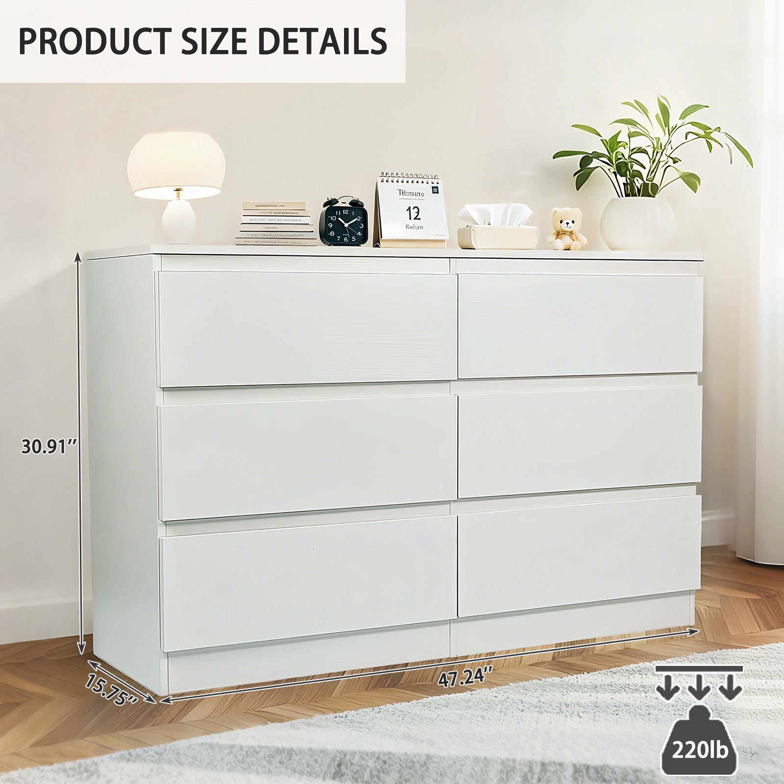 Modern 6 Drawer Dresser with Spacious Countertop and Concealed Handles, Storage Cabinet for Bedroom and Living Room, White MDF - Grand Goldman Shop