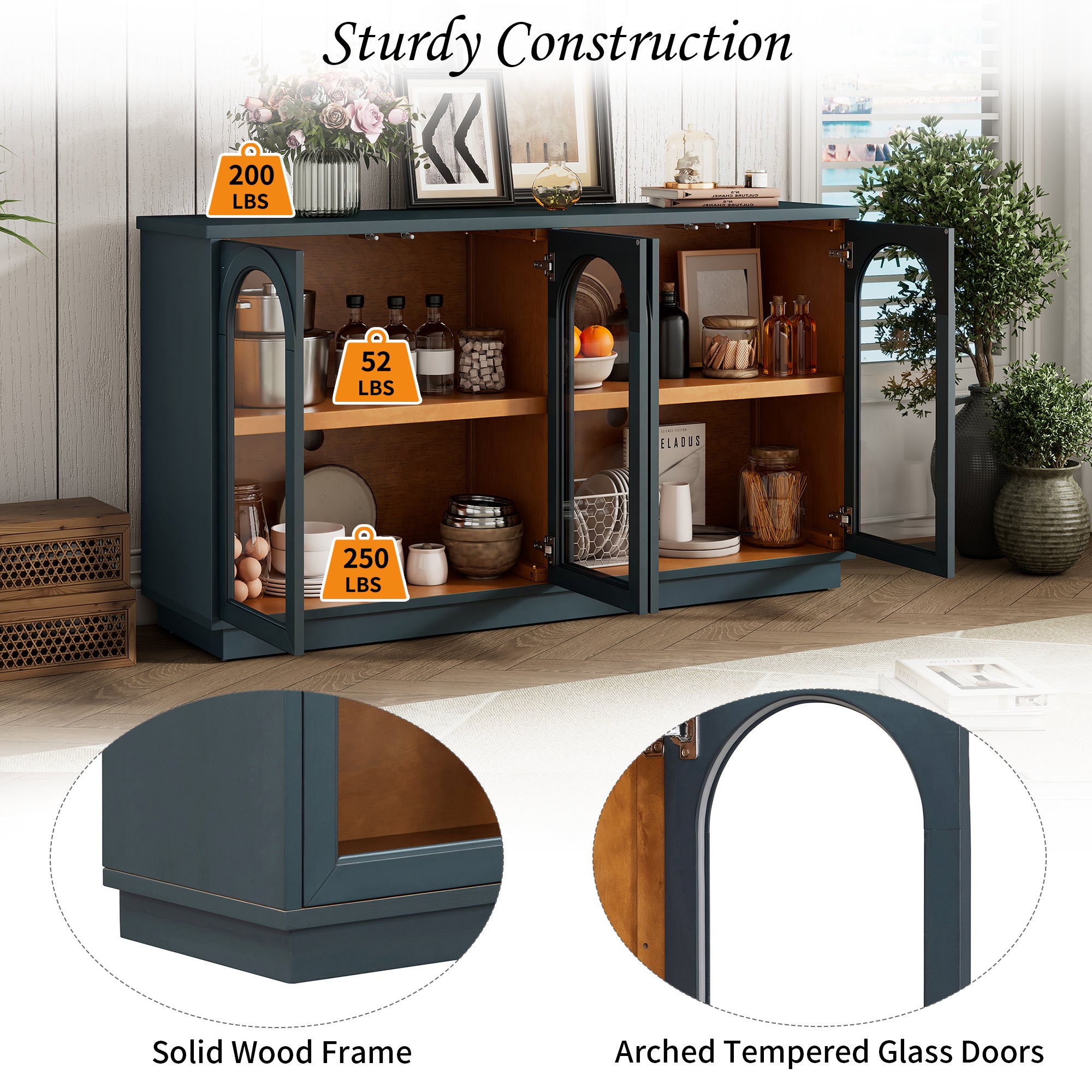 TREXM 4-Door Large Storage Buffet Cabinet with Glass Doors, Arched Cabinet with Adjustable Shelves for Kitchen, Dining Room and Living Room (Navy) - Grand Goldman Shop