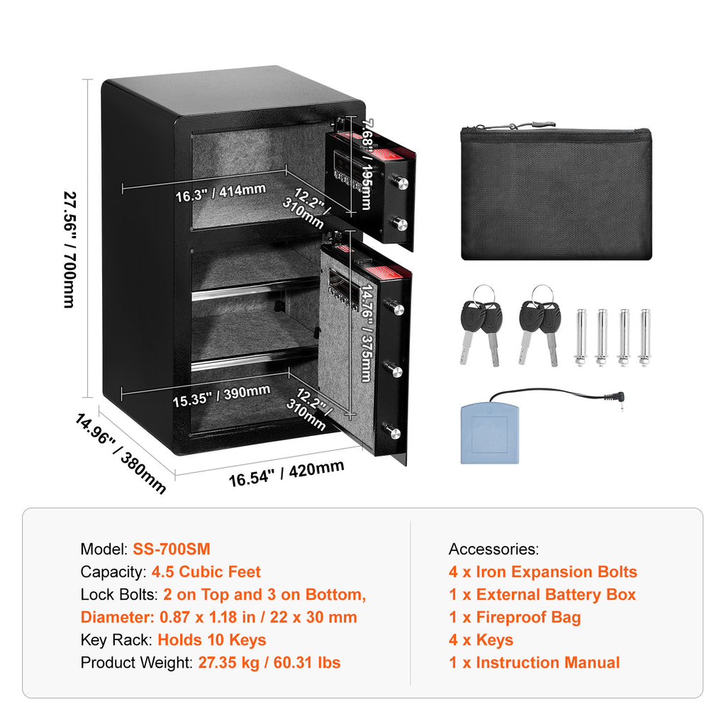 Double Door 4.5 cu.ft Safe Box with Key Lock Password Fireproof Bag Black,organize cash, passports, jewelry, gold, watches an