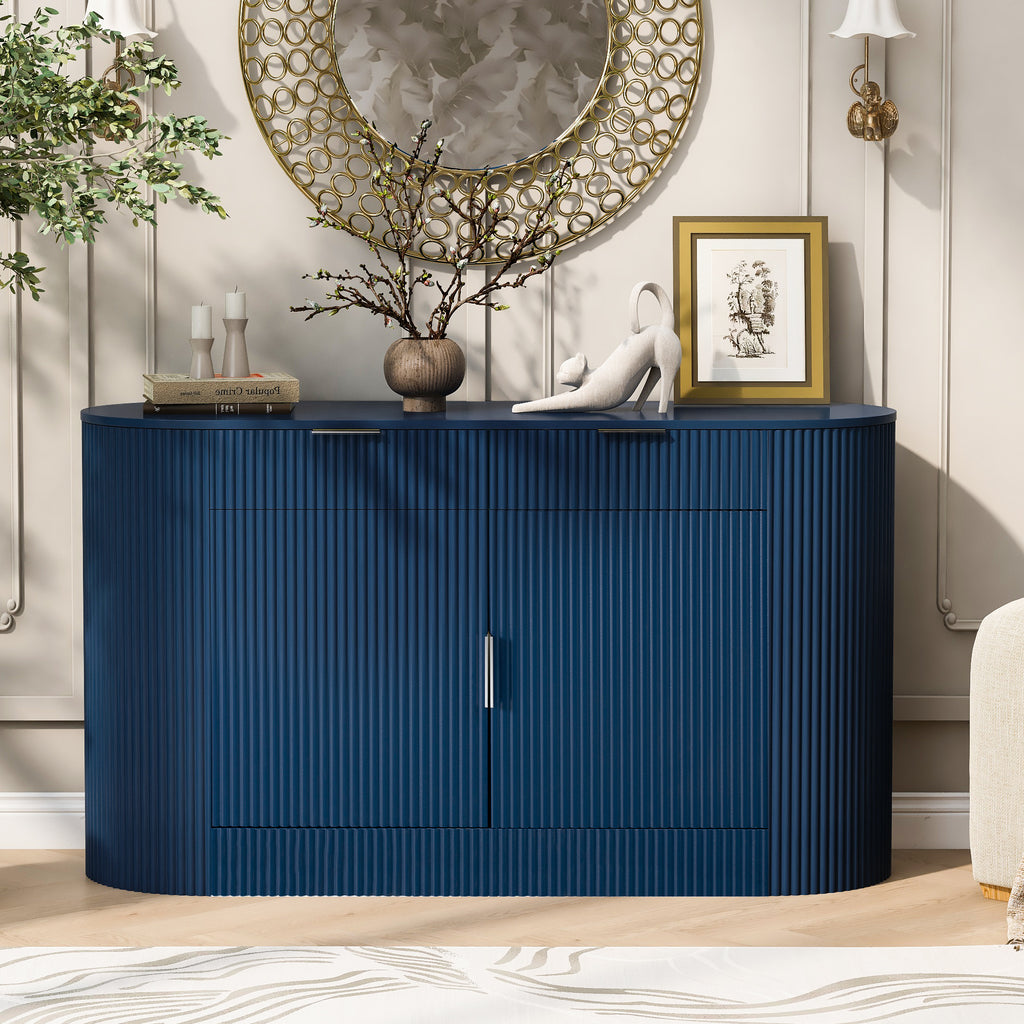 U_STYLE 55.1' Modern Storage Cabinet – 2 Doors & 2 Drawers, Stripe MDF Sideboard with Aluminum Handles, Curved Side Door & 3-Tier Shelves, Buffet Cabinet for Living Room, Bedroom, Dining Room - Grand Goldman Shop
