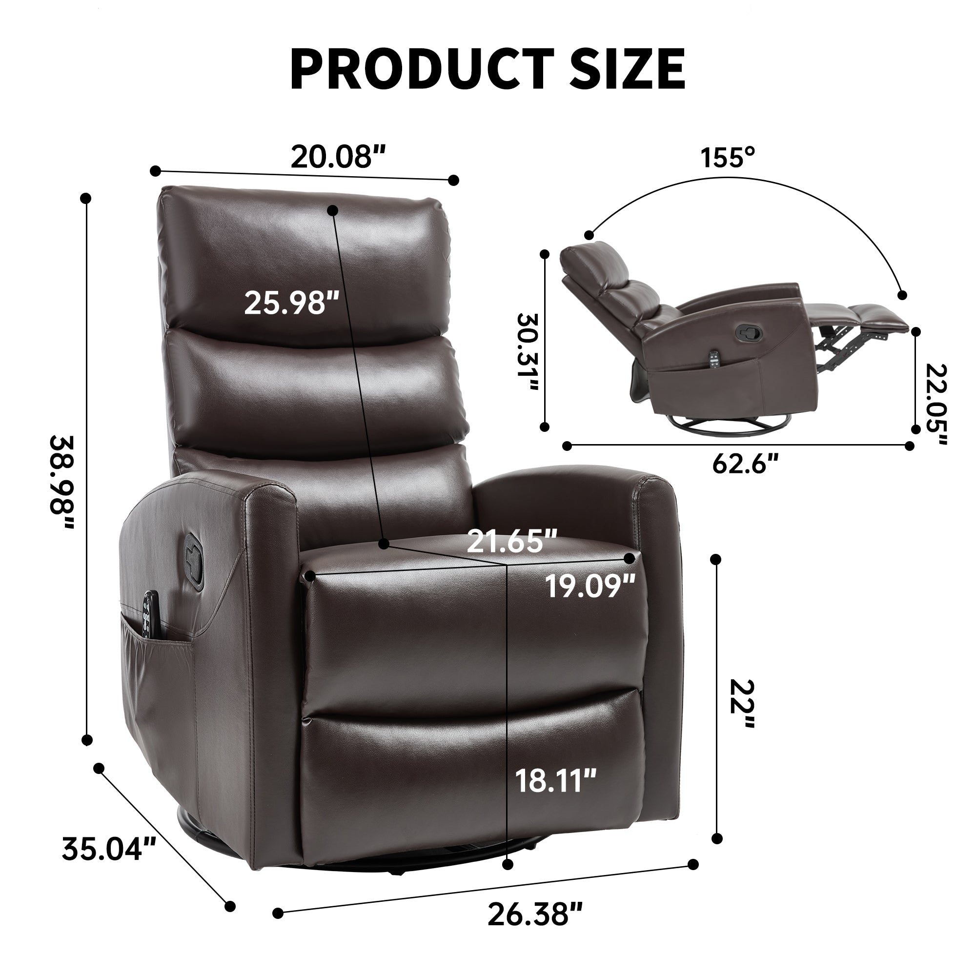 Heat Massage Manual Recliner Chair with Rocker and Swivel in Fabric for Living Room, Brown - Grand Goldman Shop