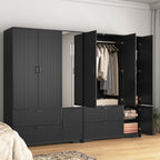 4 Doors Wardrobe Closet with Mirror, LED Wardrobe with Doors and 2 Drawers, Wooden Wardrobe Storage Cabinet with Hanging Rod, Adjustable Shelves, Black - Grand Goldman Shop