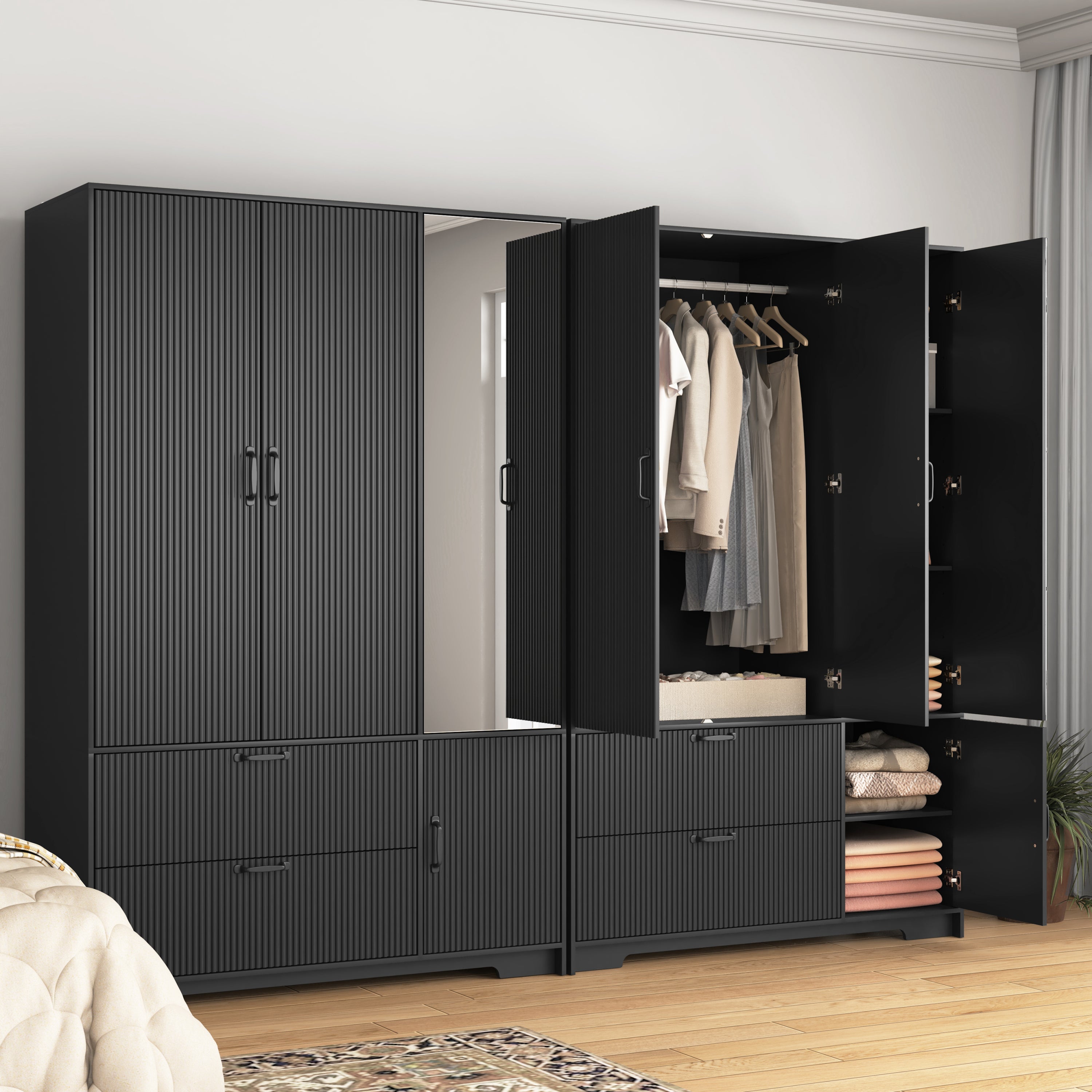 4 Doors Wardrobe Closet with Mirror, LED Wardrobe with Doors and 2 Drawers, Wooden Wardrobe Storage Cabinet with Hanging Rod, Adjustable Shelves, Black - Grand Goldman Shop