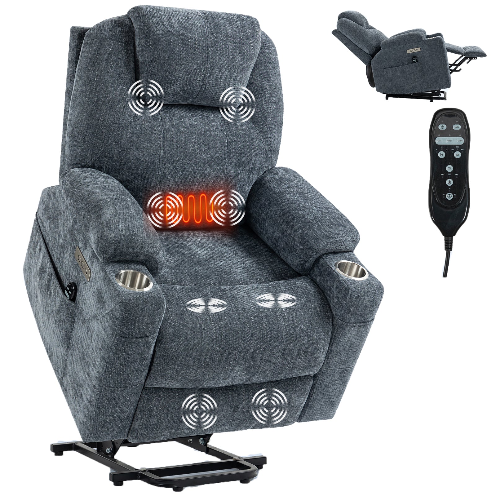 Up to 350 LBS Chenille Power Lift Recliner Chair, Heavy Duty Motion Mechanism with 8-Point Vibration Massage and Lumbar Heating, USB and Type-C Ports, Stainless Steel Cup Holders, Blue - Grand Goldman Shop