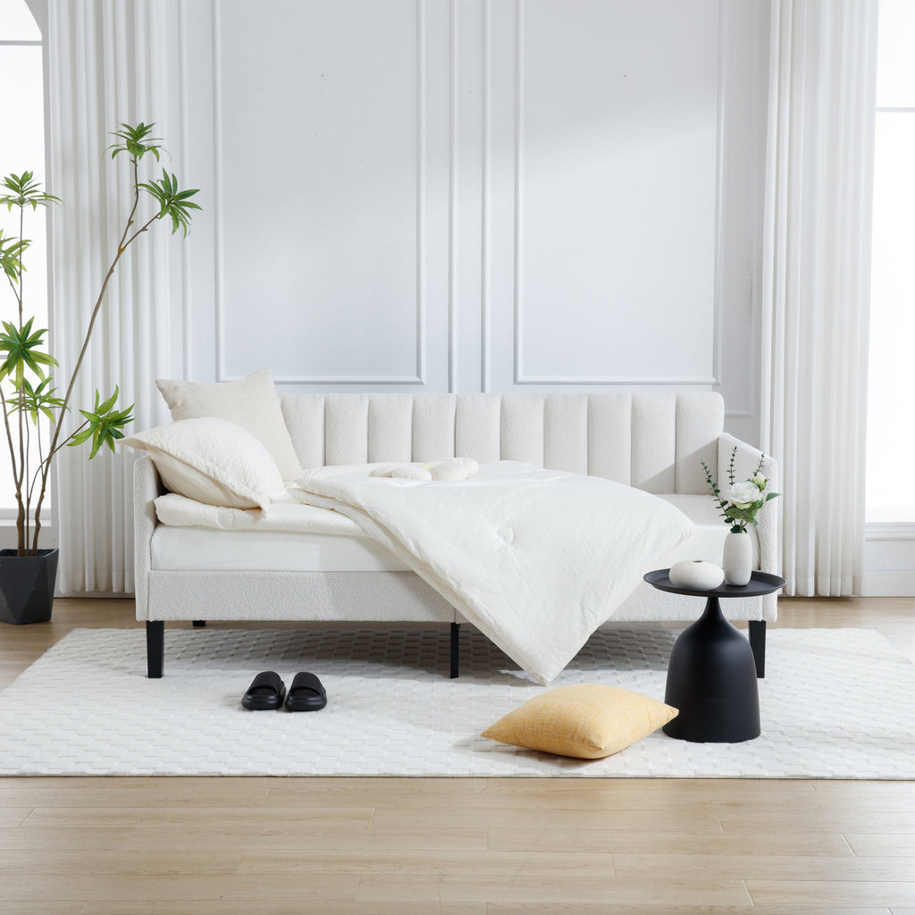 Elena Twin Size Ivory Boucle Upholstered Daybed with Ribbed Tufted Backrest in Lavish Modern Design - Grand Goldman Shop