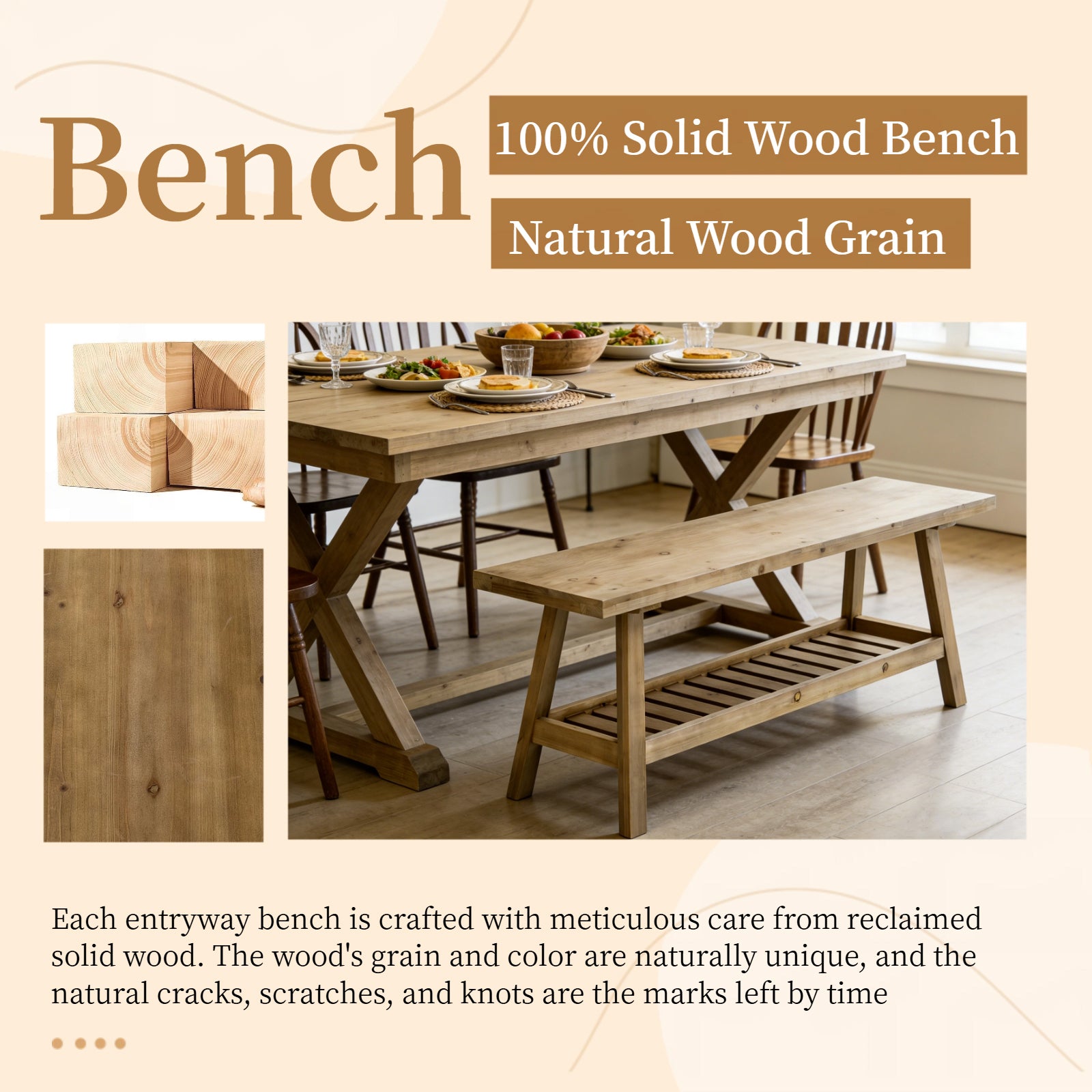 43' Farmhouse Wood Bench, 2-Tier Entryway Bench, Narrow Rustic Storage Bench with Open Storage Shelf for Entryway, Hallway, Living Room, Bedroom, Kitchen, Dining (Distressed Wood Color) - Grand Goldman Shop