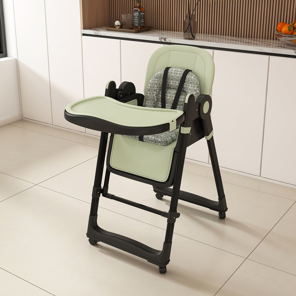 Convertible Baby High Chair to Rocker with 5-Point Harness, Foldable Infant Feeding Chair in Dark Green with Removable 2-Tier