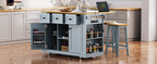 K&K 53inch Large Kitchen Island with 2 Bar Stools,Power Outlet,Door Internal Storage Rack,Kitchen Storage Cart on 5 Wheels with Drop Leaf,5 Open Side Racks,3 Drawers,Grey Blue (Three Packages) - Grand Goldman Shop