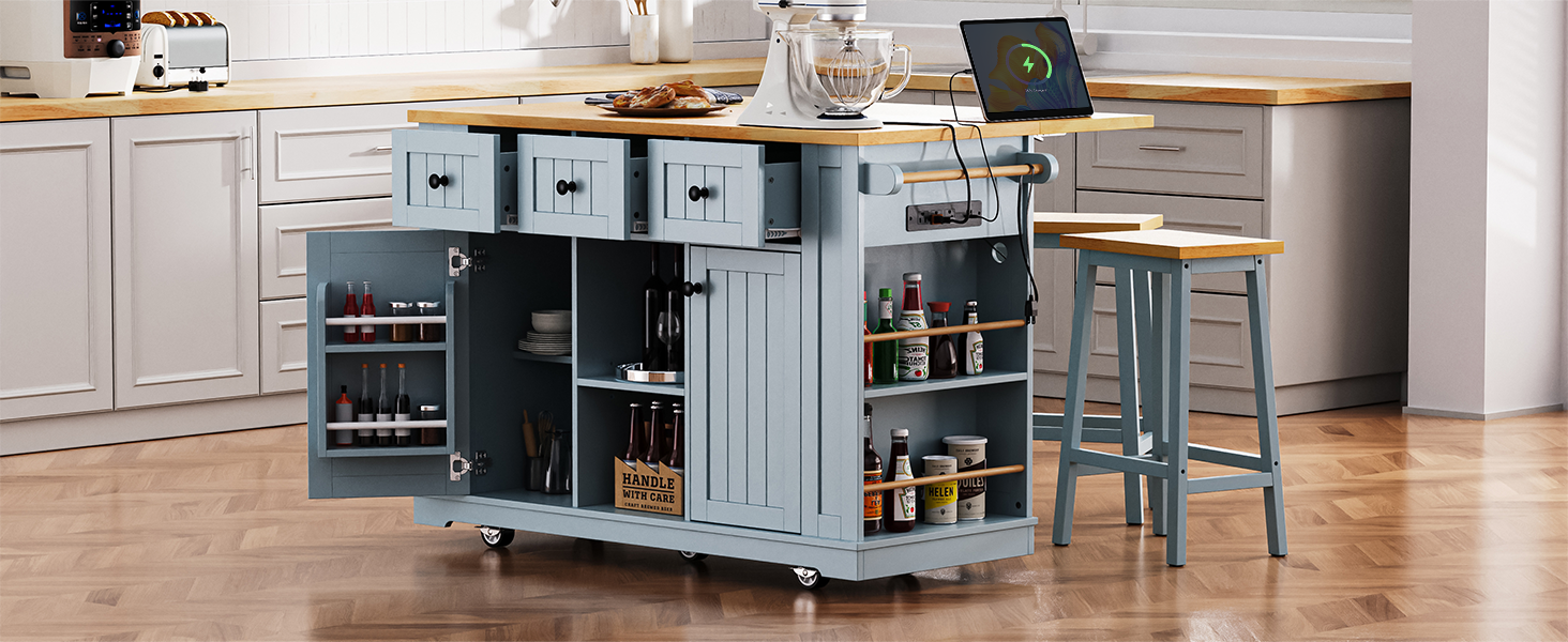 K&K 53inch Large Kitchen Island with 2 Bar Stools,Power Outlet,Door Internal Storage Rack,Kitchen Storage Cart on 5 Wheels with Drop Leaf,5 Open Side Racks,3 Drawers,Grey Blue (Three Packages) - Grand Goldman Shop