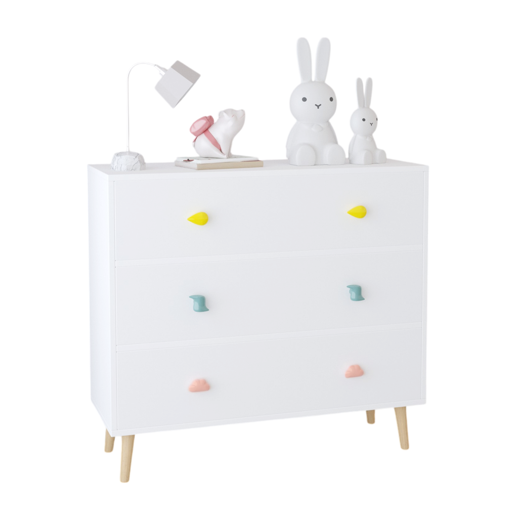 Kids 3 Drawer Dresser, White Nursery Storage Cabinet with Anti-Tip Safety Feature, Solid Wood and MDF Construction, Compact D