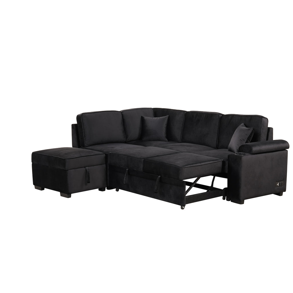 Modern Velvet Sleeper Sofa Bed with Storage Ottoman, Black, 84.75' L Shape - Grand Goldman Shop