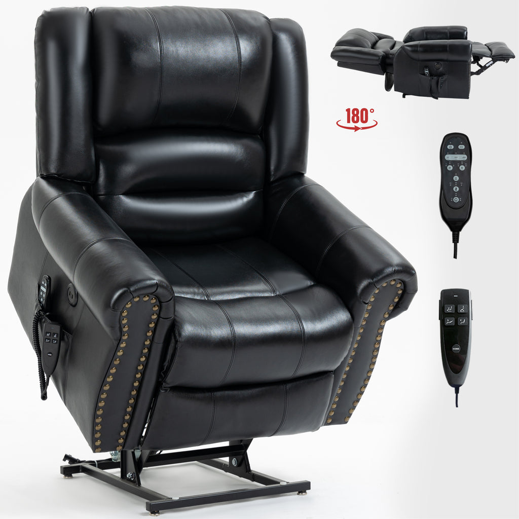 Power Lift Recliner Chair Heat Massage Dual Motor Infinite Position Up to 350 LBS, Genuine Leather, Heavy Duty Motion Mechanism with USB Ports, Black - Grand Goldman Shop