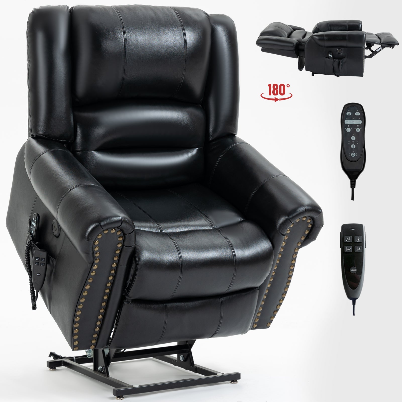 Power Lift Recliner Chair Heat Massage Dual Motor Infinite Position Up to 350 LBS, Genuine Leather, Heavy Duty Motion Mechanism with USB Ports, Black - Grand Goldman Shop
