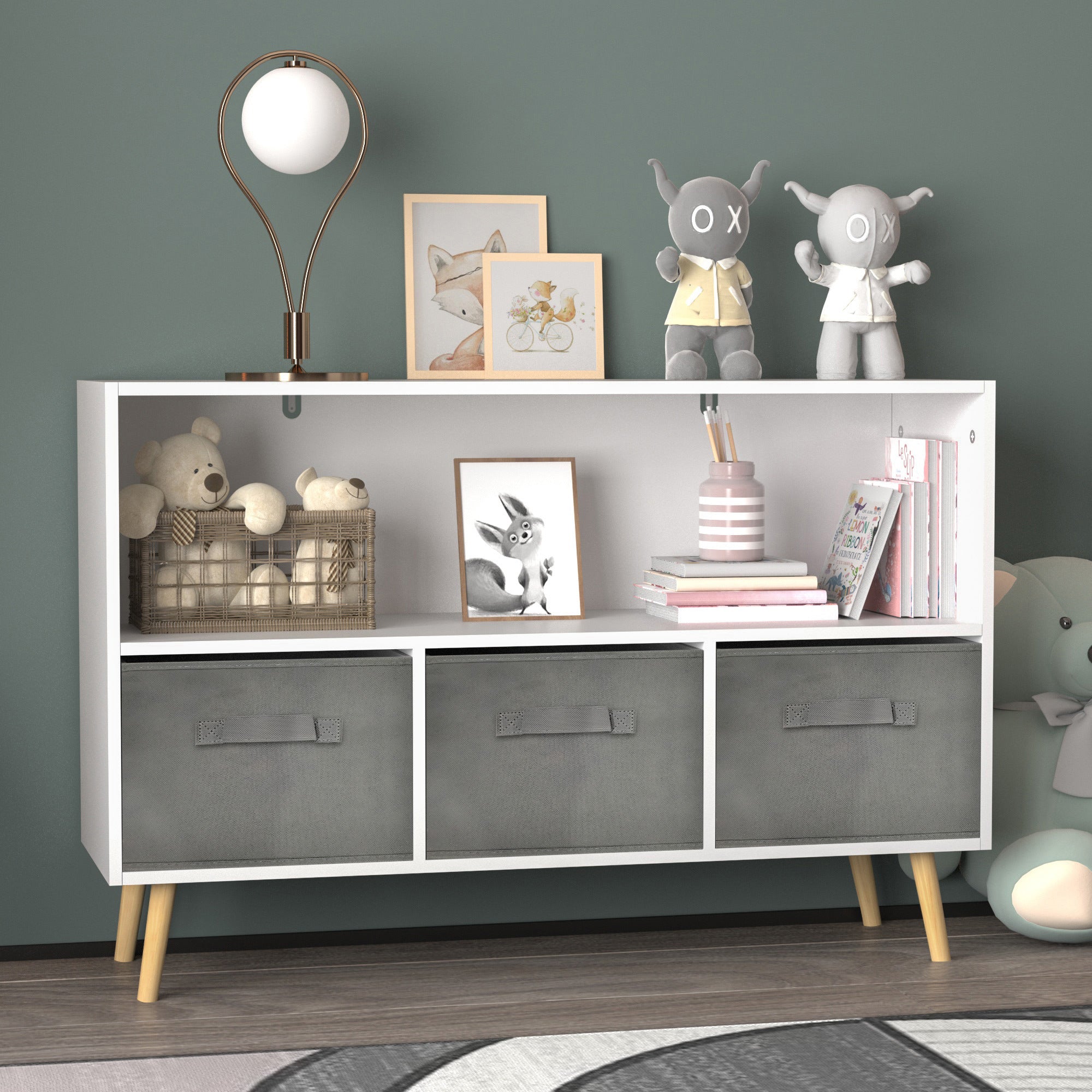 Kids Bookcase with Collapsible Fabric Drawers, Children's Book Display, Toy Storage Cabinet Organizer, White/Gray, MDF+Pine |