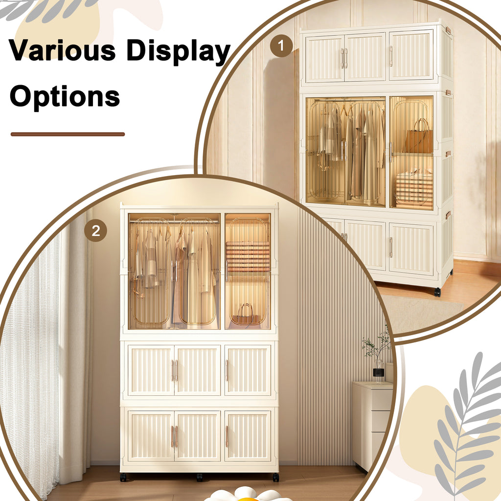 Portable Wardrobe Closet Storage Organizer with 9 Magnetic Doors, Cream White, - Grand Goldman Shop