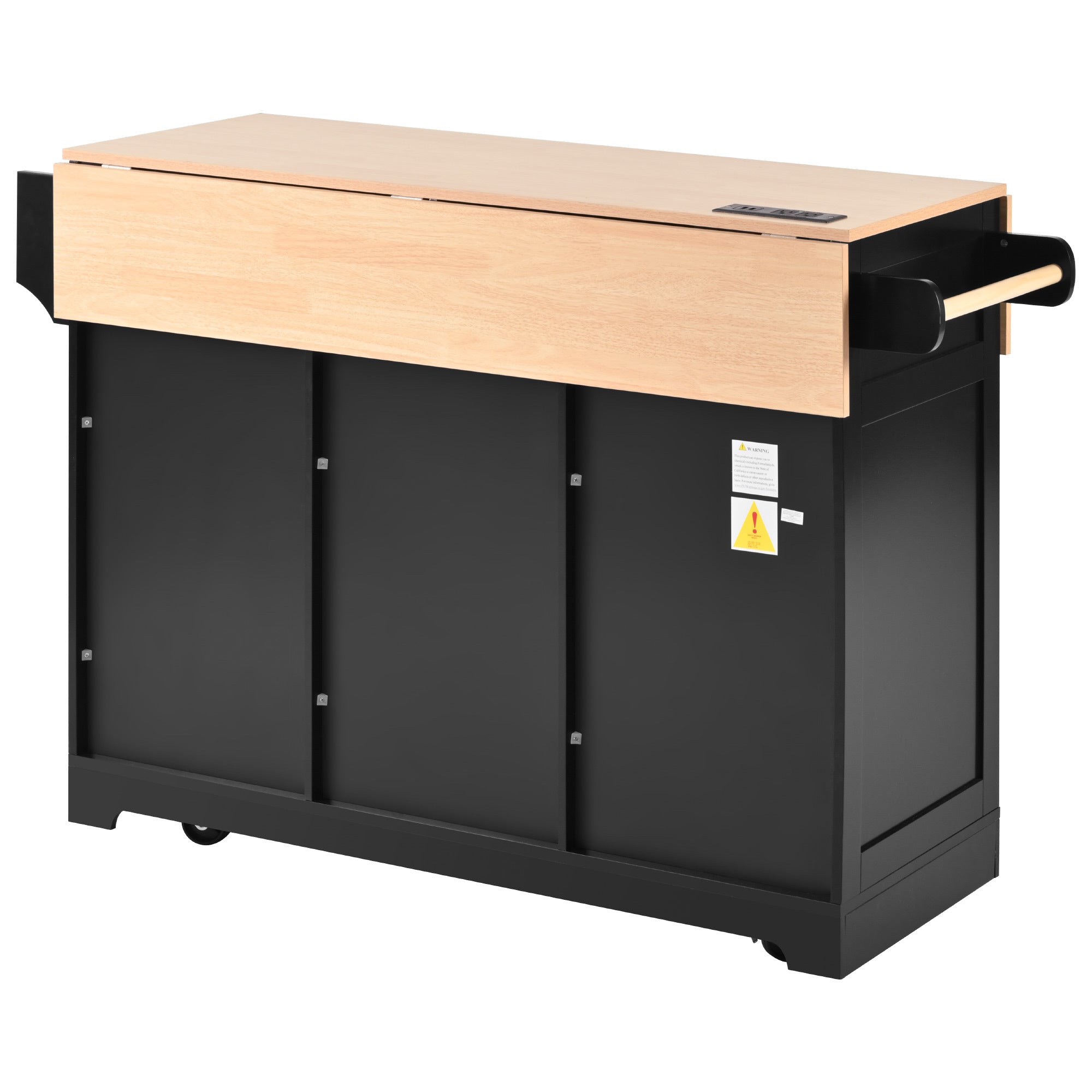 K&K 55.7'' Large Kitchen Island with 2 Drop Leaf,, Rolling Kitchen Cart on 5 Wheels with Power Outlet, Folding Storage Dining Table with Spice & Towel Rack , 3 Drawers, for Kitchen, Dining Room,Black - Grand Goldman Shop