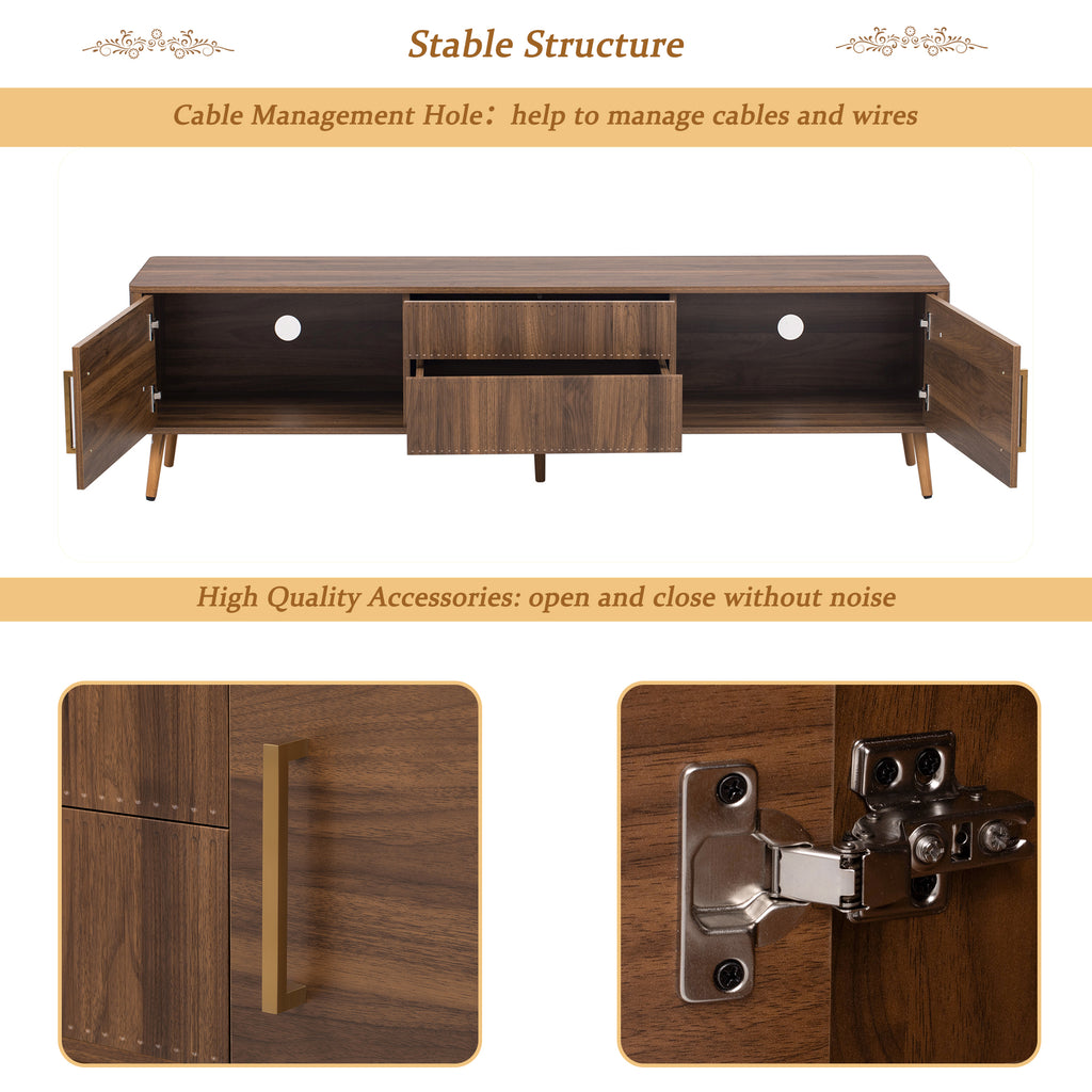 Mid Century TV Stand with 2 Drawers, Media Console Table for TVs up to 80'', Walnut Finish Solid Wood and MDF Entertainment Center for Living Room, Bedroom, Home Theatre - Grand Goldman Shop