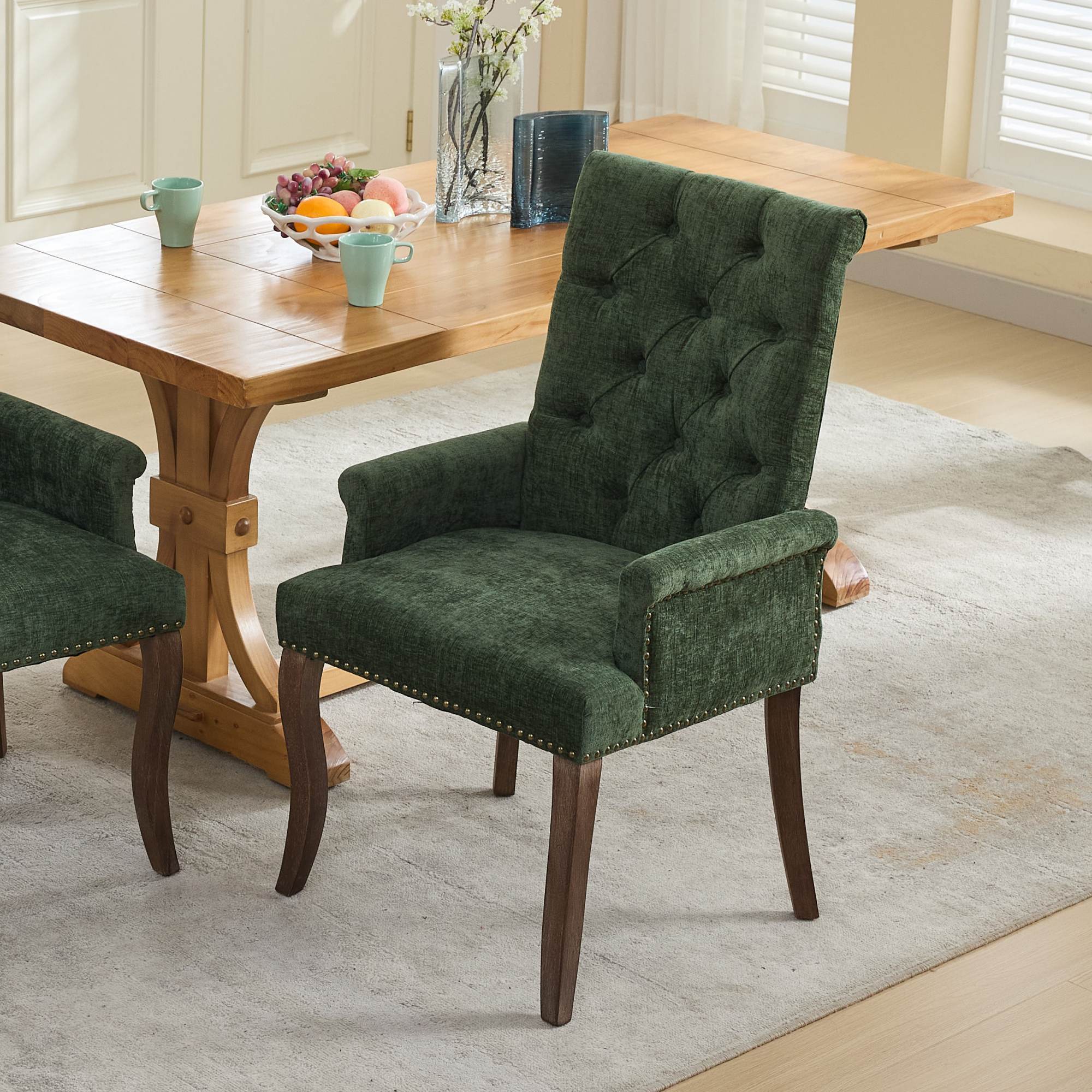 Upholstered Chenille Fabric Accent Dining Chair, Curved Solid Wood Legs, Elegant Tufted Club Dining Room Kitchen Room Arm Dining Chair, Single Pack,Olive Green,SW1895OL - Grand Goldman Shop
