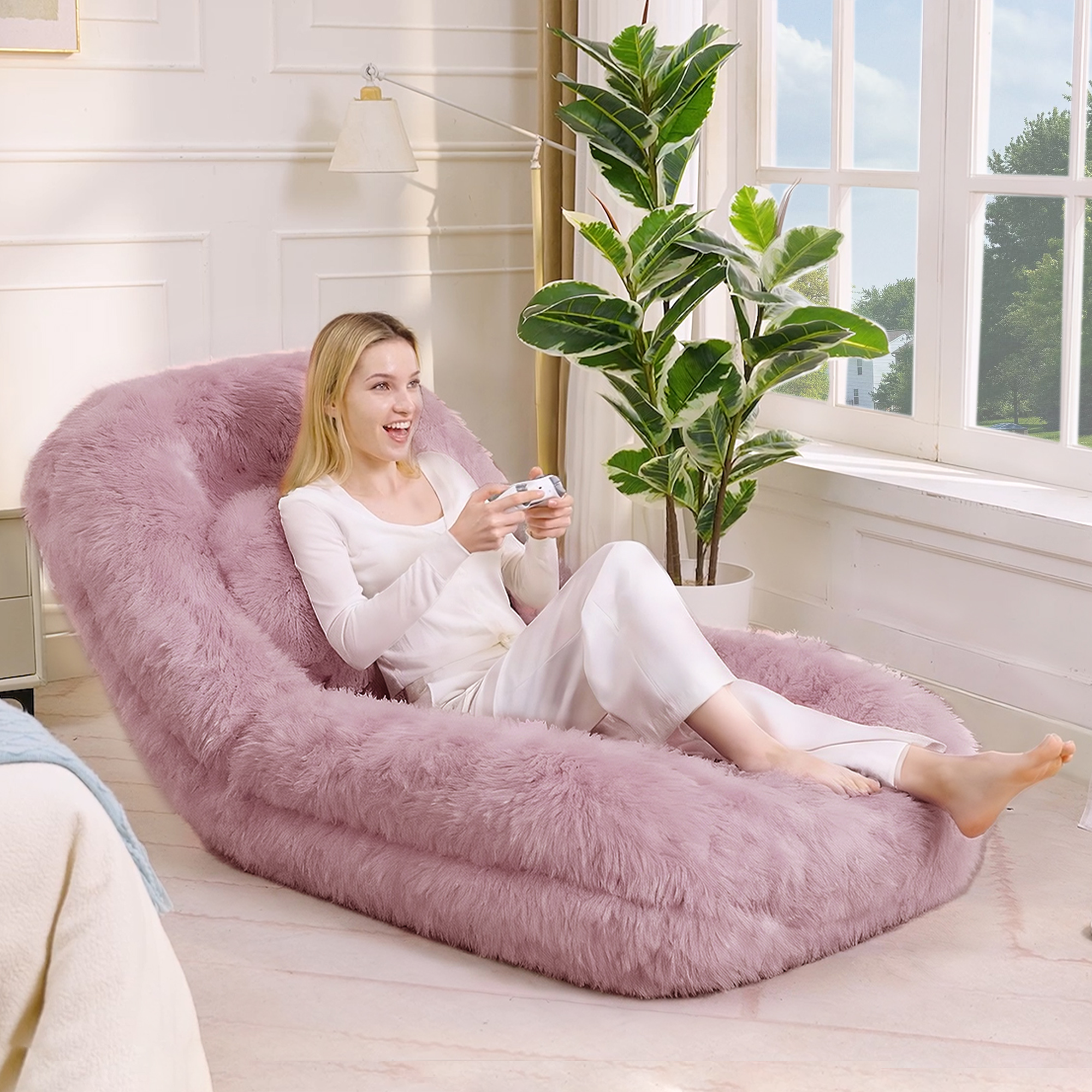 [NEW ARRIVED] [VIDEO PROVIDED] Human Dog Bed,Lazy Sofa,5-Position Adjustable Convertible,Floor Gaming Chair,bedroom, living room,Suitable for gaming, meditation,relaxation,Plush Fabric,Pink - Grand Goldman Shop